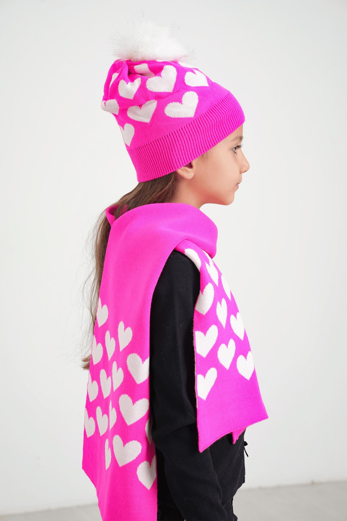 Chuba Çocuk Kalp Desenli Ponponlu Atkı Bere Takımı 7-9 & 10-12 Yaş Fuşya CHKIDS105