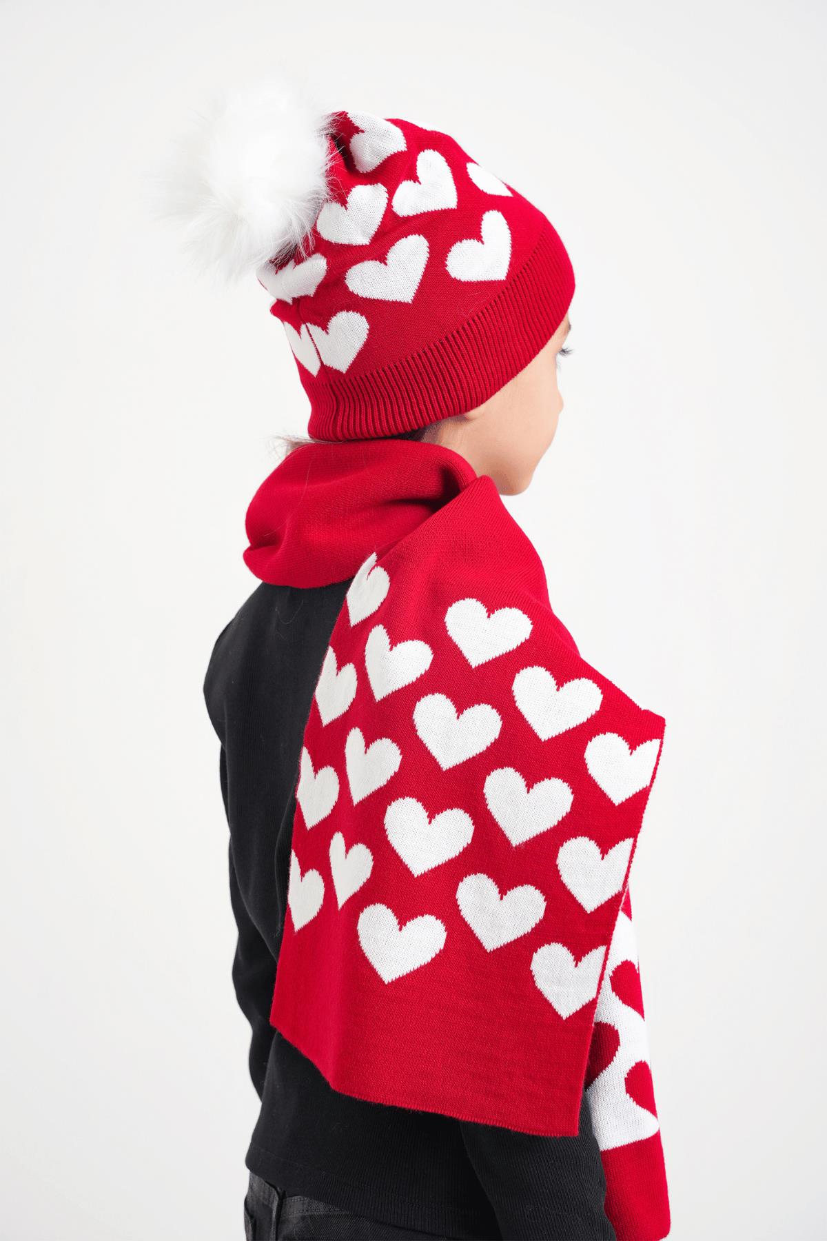 Chuba Çocuk Kalp Desenli Ponponlu Atkı Bere Takımı 7-9 & 10-12 Yaş Kırmızı CHKIDS105