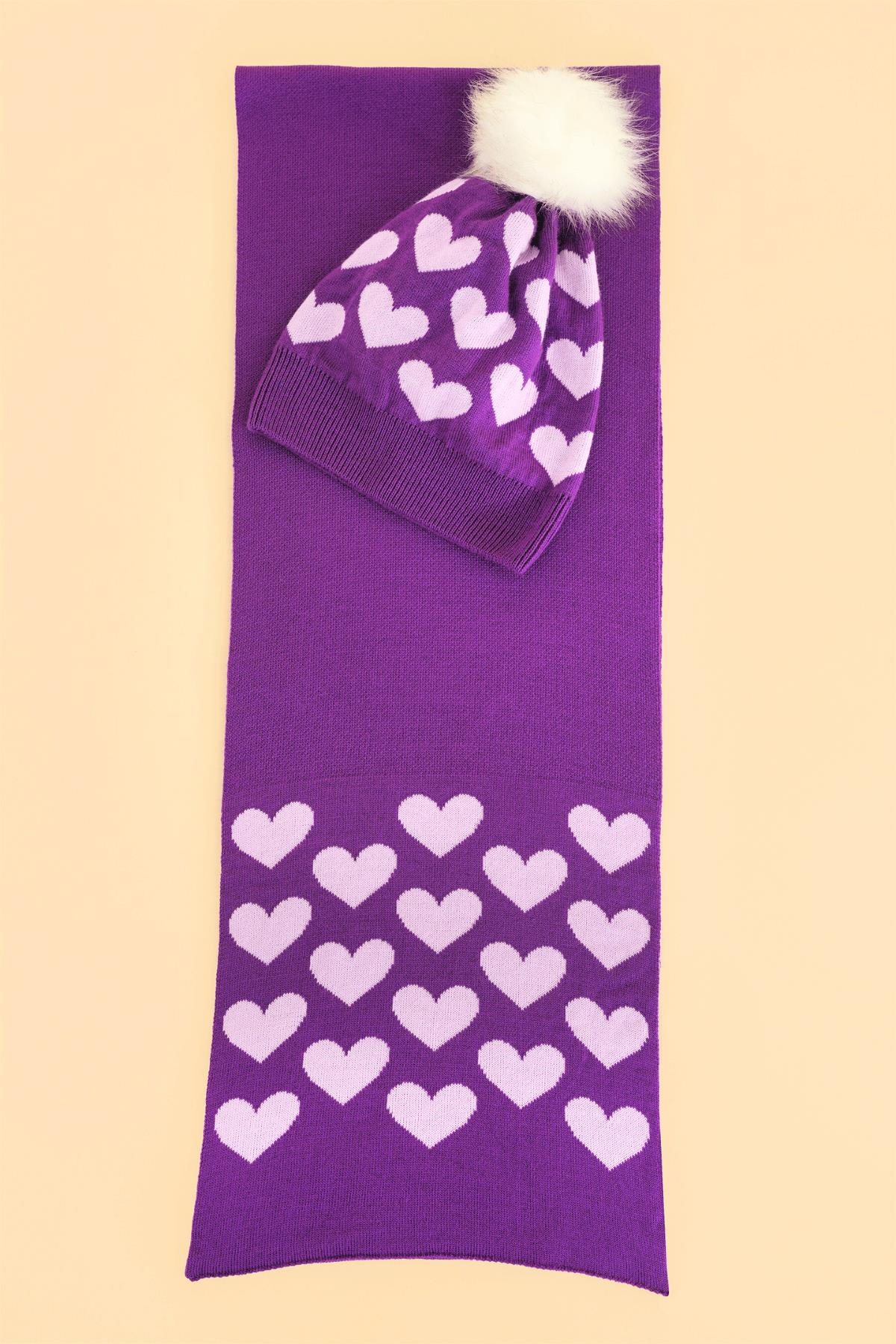 Chuba Çocuk Kalp Desenli Ponponlu Atkı Bere Takımı 7-9 & 10-12 Yaş Mor CHKIDS105