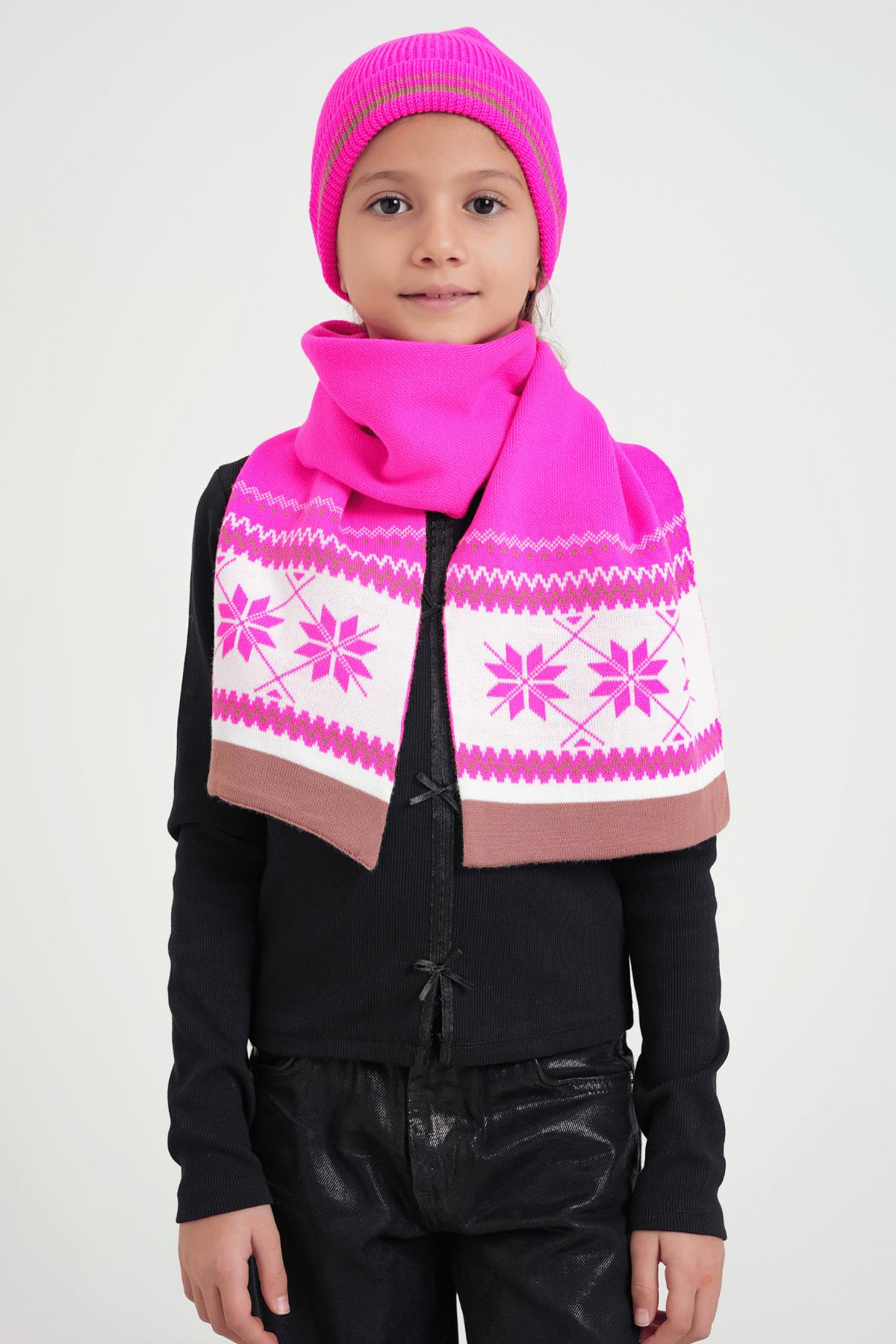 Chuba Çocuk Kar Desenli Triko Atkı Bere Takımı 7-9 & 10-12 Yaş Fuşya CHKIDS104