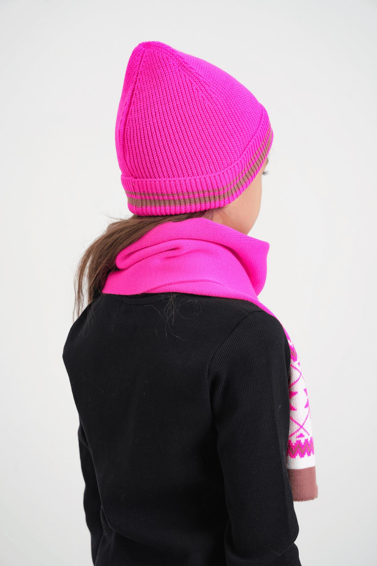 Chuba Çocuk Kar Desenli Triko Atkı Bere Takımı 7-9 & 10-12 Yaş Fuşya CHKIDS104