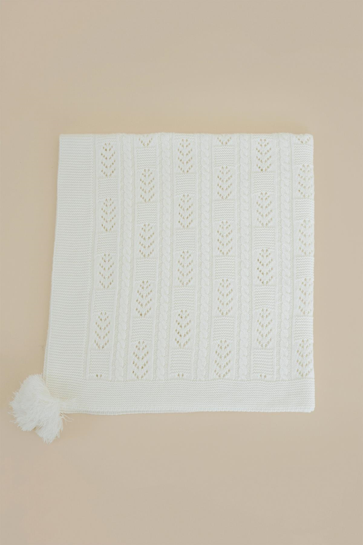 Chuba Çocuk Örgü Desenli Ponponlu Triko Battaniye (80cmx100cm) Ekru CHKIDS201