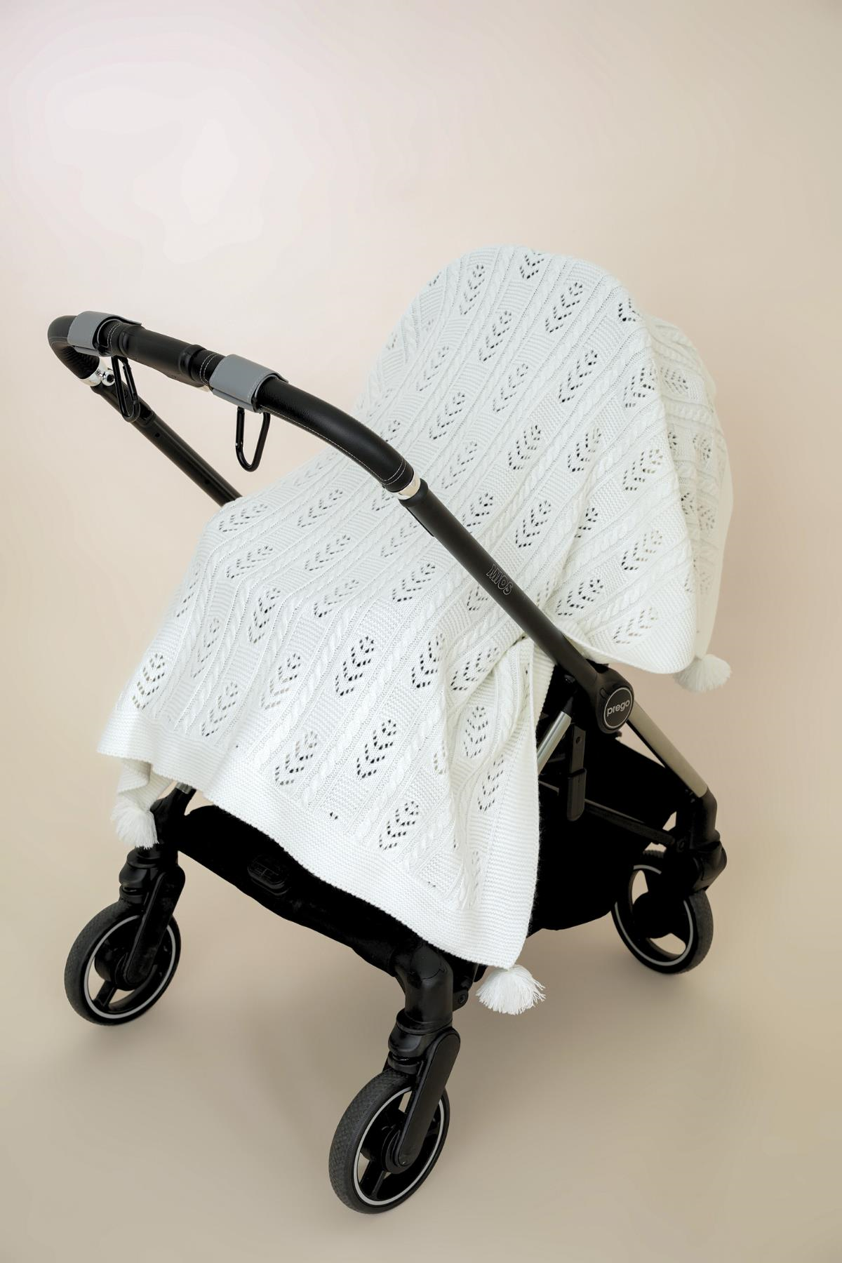 Chuba Çocuk Örgü Desenli Ponponlu Triko Battaniye (80cmx100cm) Ekru CHKIDS201