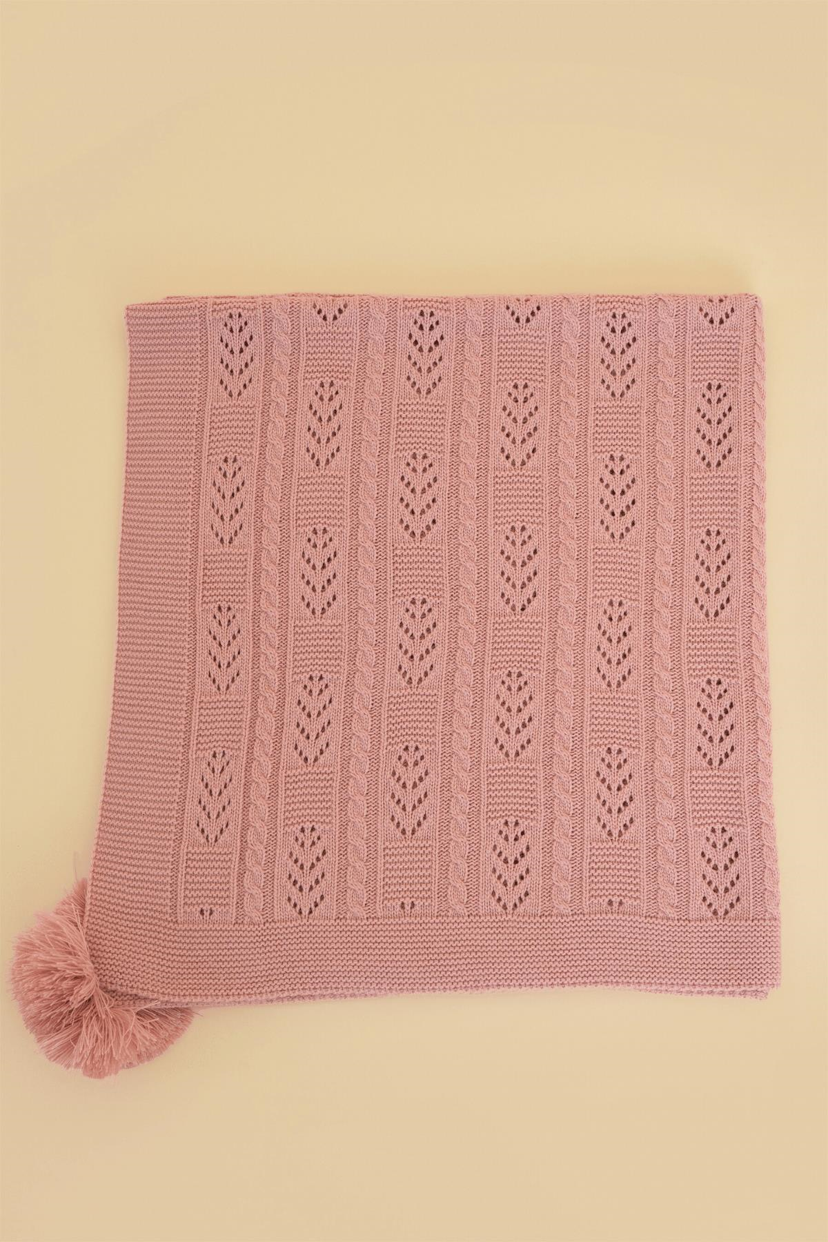 Chuba Çocuk Örgü Desenli Ponponlu Triko Battaniye (80cmx100cm) Pudra CHKIDS201