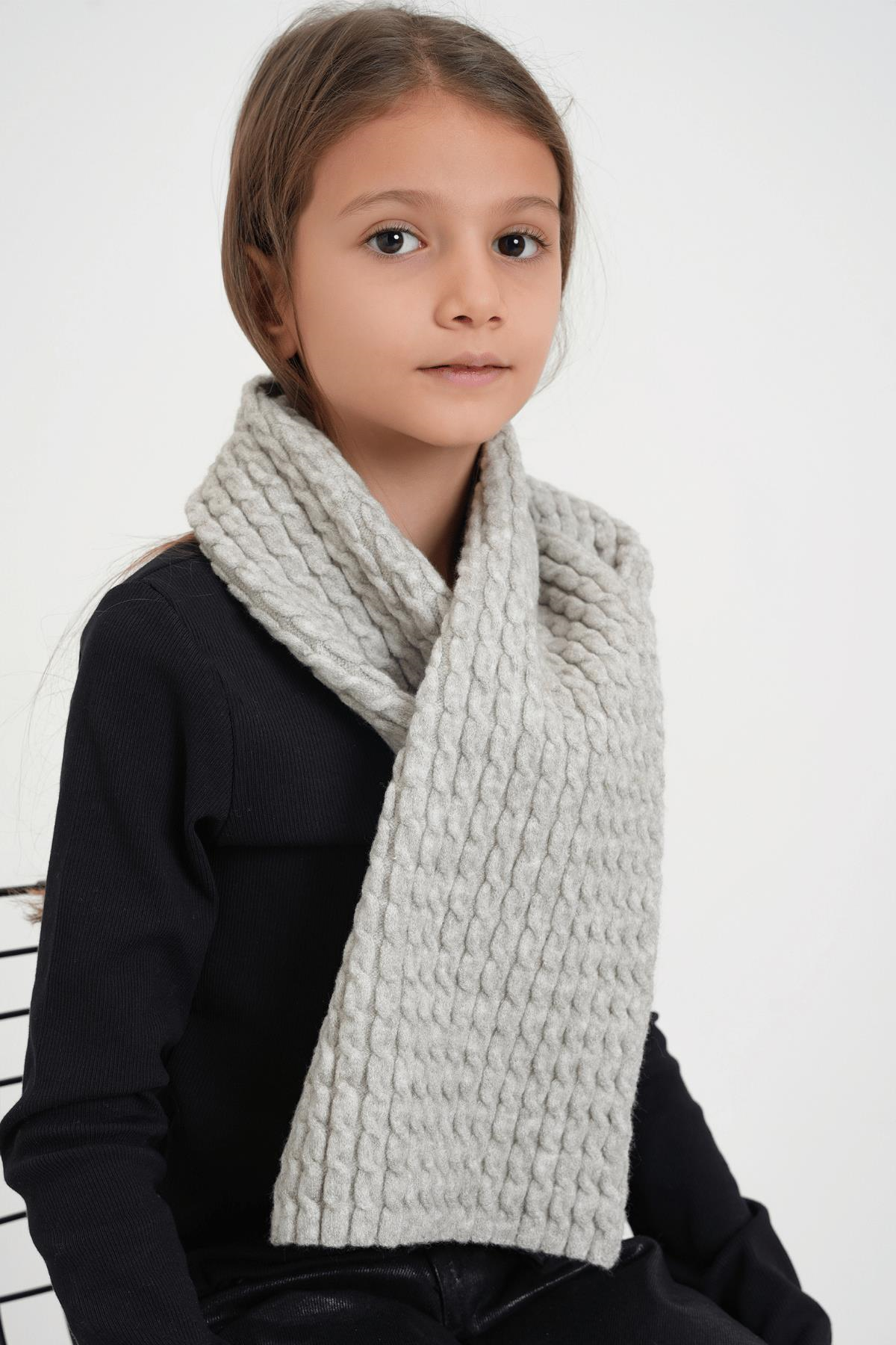 Chuba Çocuk Saç Örgü Yumuşak Tuşe Triko Atkı Gri CHKIDS107