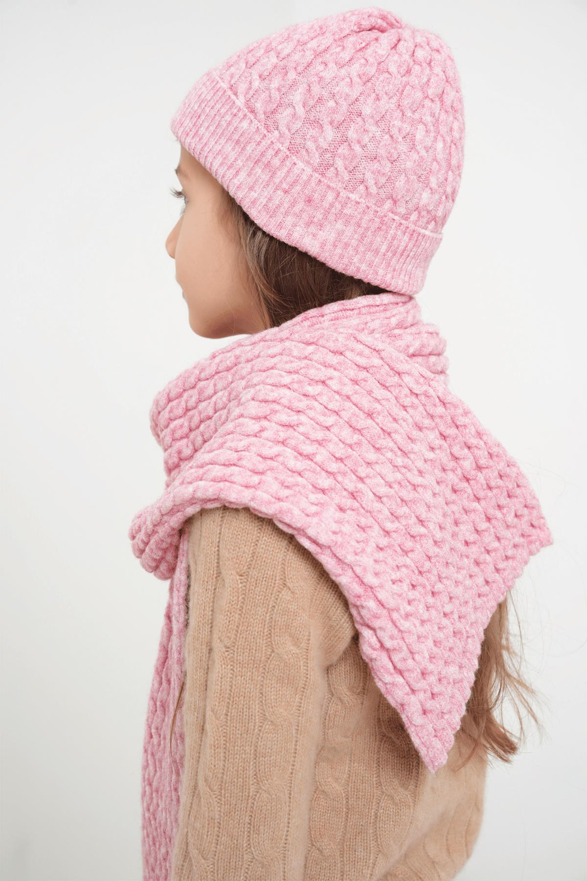 Chuba Çocuk Saç Örgü Yumuşak Tuşe Triko Atkı Bere Takımı 7-9 & 10-12 Yaş Pembe CHKIDS103