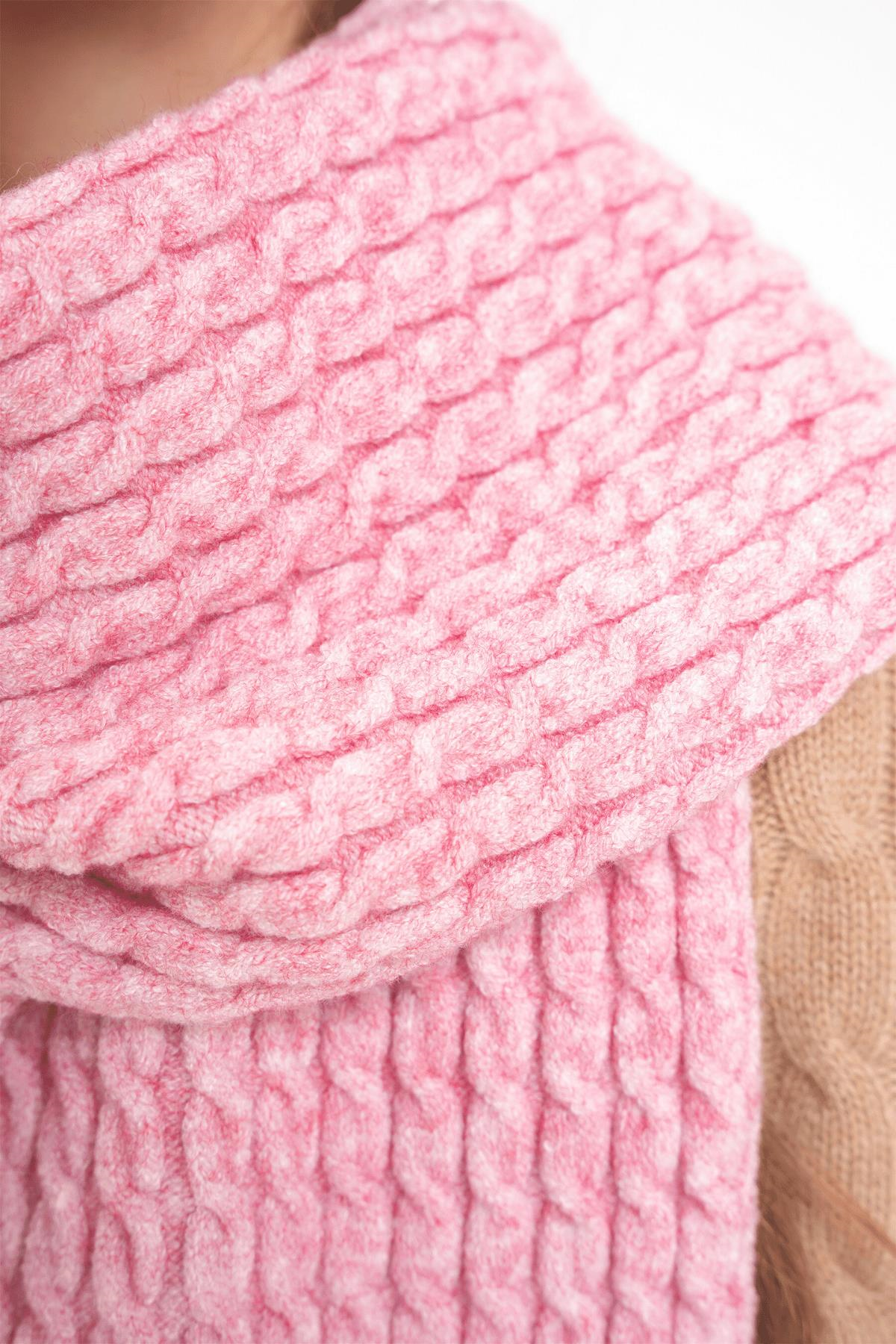 Chuba Çocuk Saç Örgü Yumuşak Tuşe Triko Atkı Bere Takımı 7-9 & 10-12 Yaş Pembe CHKIDS103