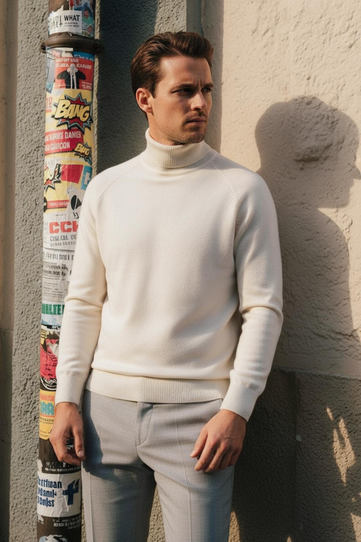 Chuba Erkek Balıkçı Yaka Standart Fit İtalyan Reglan Triko Kazak Ekru 26W2013