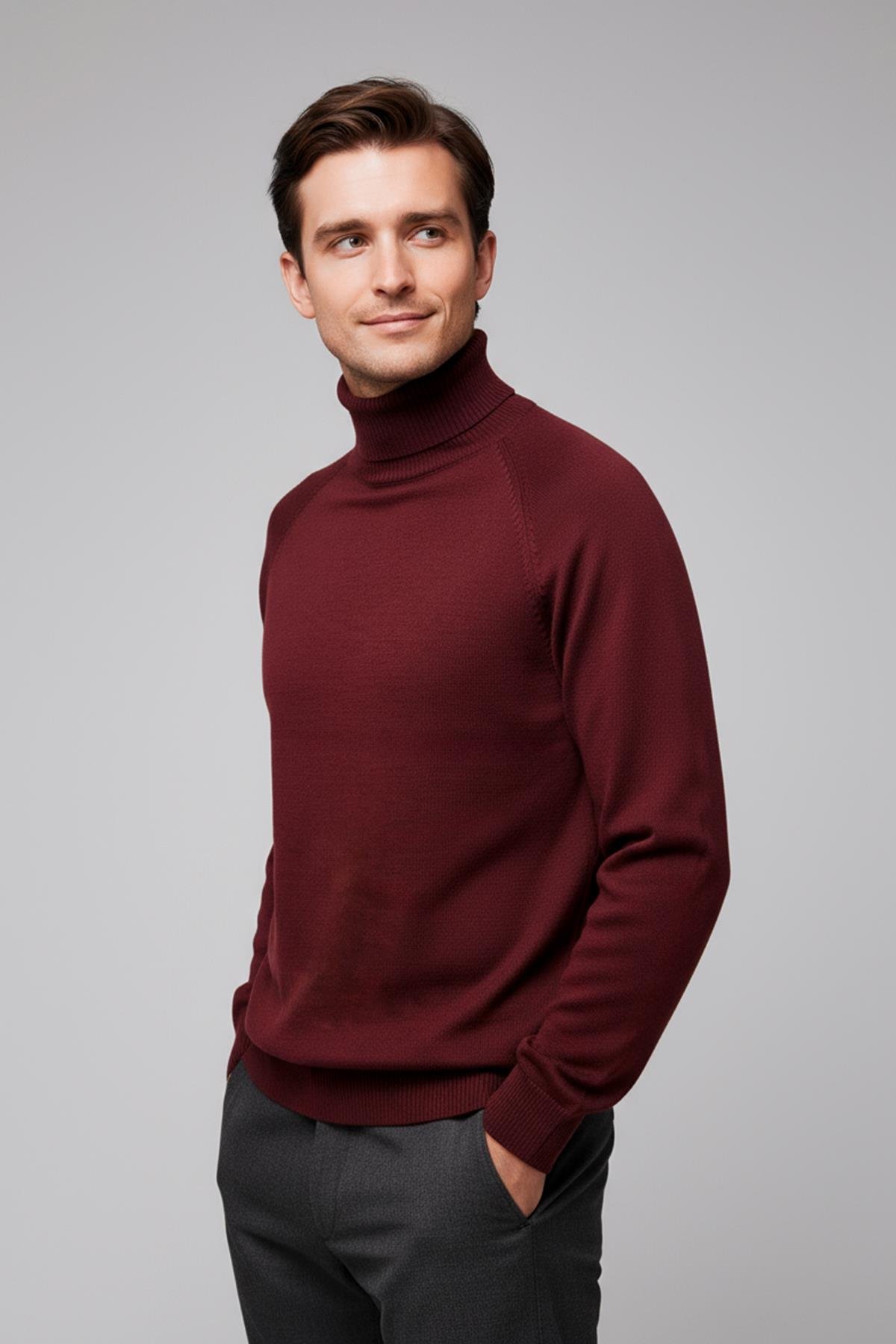 Chuba Erkek Balıkçı Yaka Standart Fit İtalyan Reglan Triko Kazak Bordo 26W2013