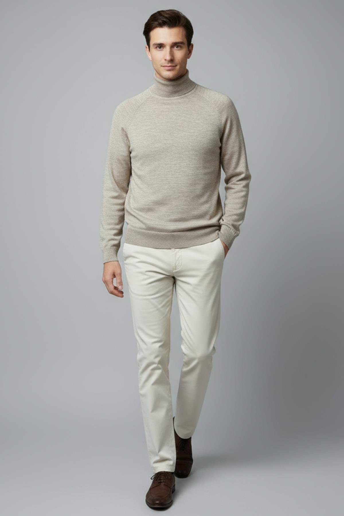 Chuba Erkek Balıkçı Yaka Standart Fit İtalyan Reglan Triko Kazak Bej 26W2013