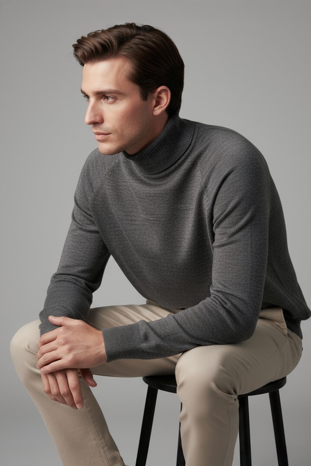 Chuba Erkek Balıkçı Yaka Standart Fit İtalyan Reglan Triko Kazak Antrasit 26W2013