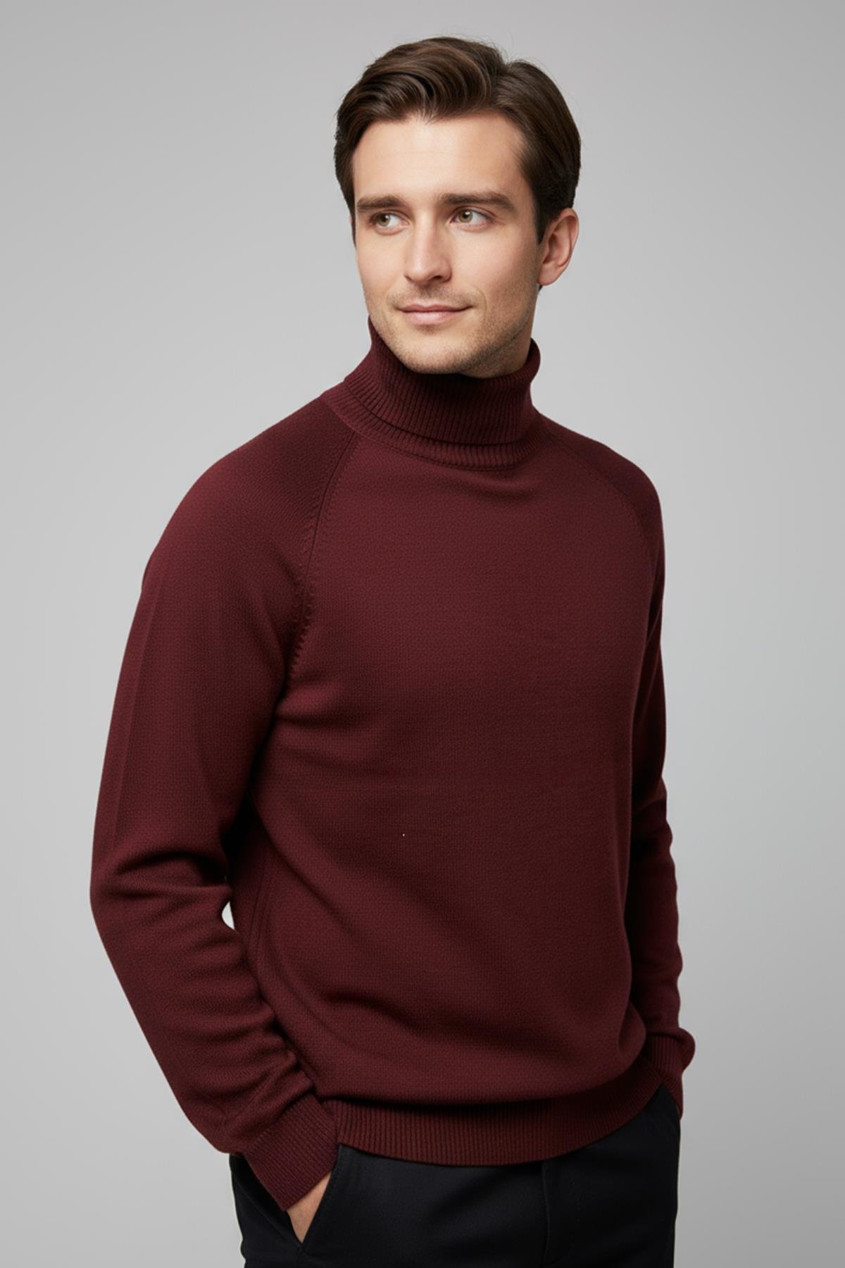 Chuba Erkek Balıkçı Yaka Standart Fit İtalyan Reglan Triko Kazak Bordo 26W2013