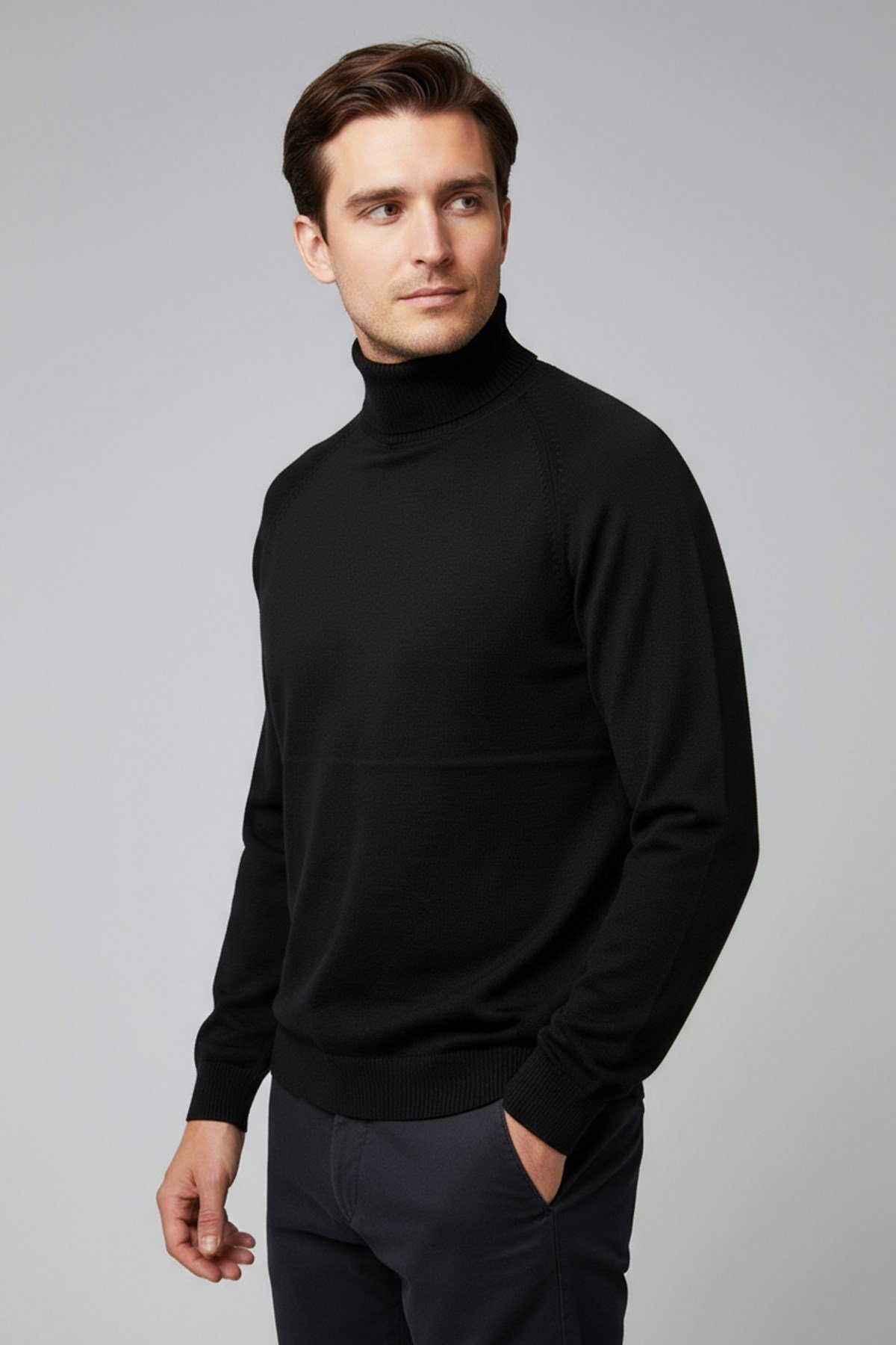 Chuba Erkek Balıkçı Yaka Standart Fit İtalyan Reglan Triko Kazak Siyah 26W2013