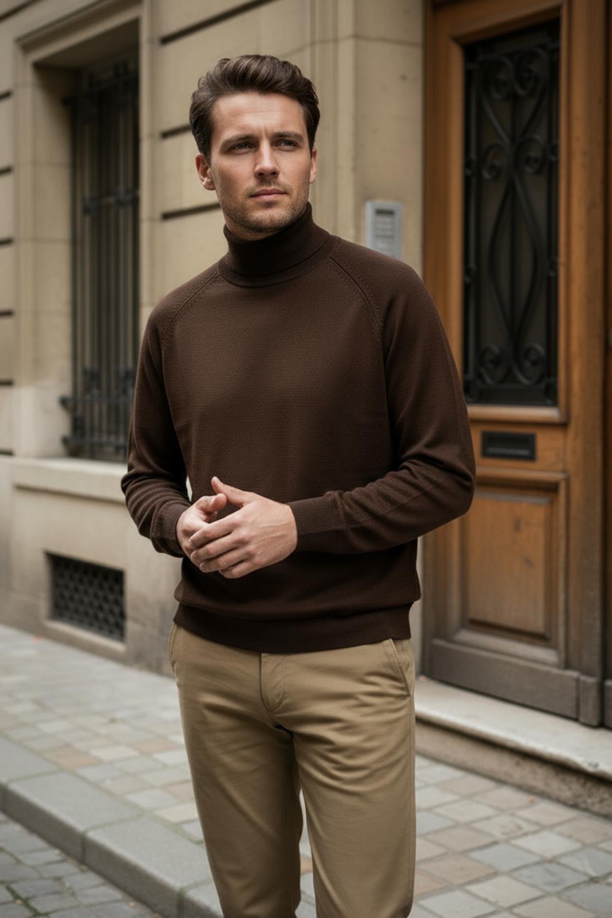 Chuba Erkek Balıkçı Yaka Standart Fit İtalyan Reglan Triko Kazak Kahverengi 26W2013