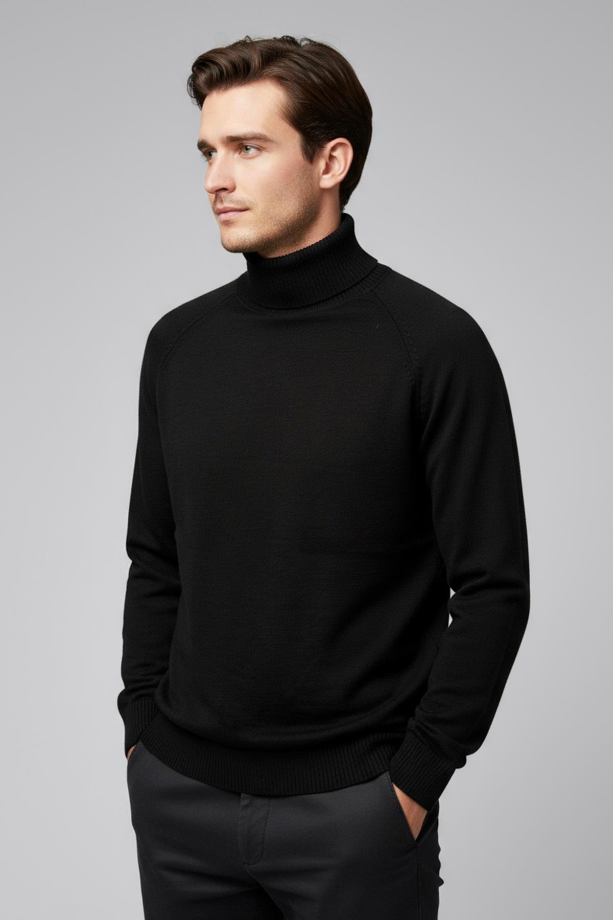 Chuba Erkek Balıkçı Yaka Standart Fit İtalyan Reglan Triko Kazak Siyah 26W2013