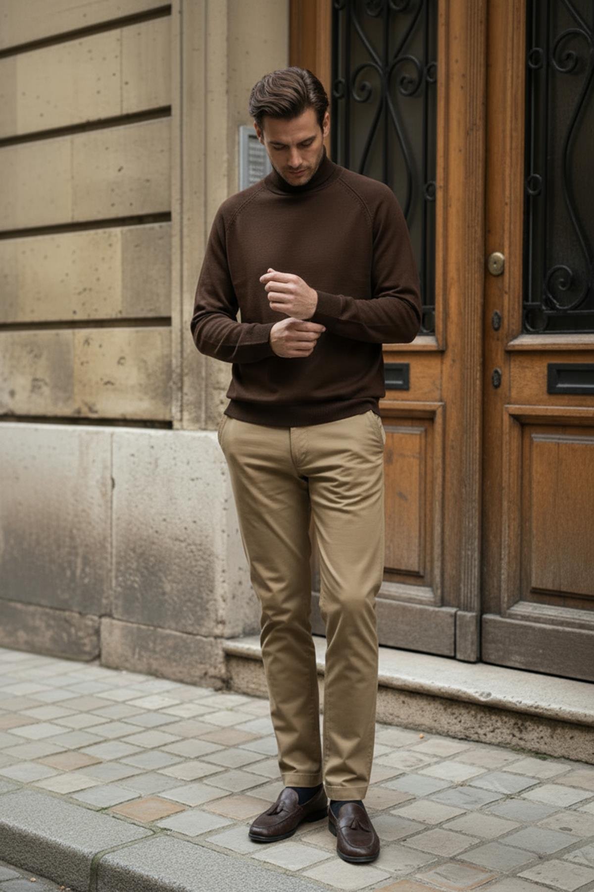 Chuba Erkek Balıkçı Yaka Standart Fit İtalyan Reglan Triko Kazak Kahverengi 26W2013