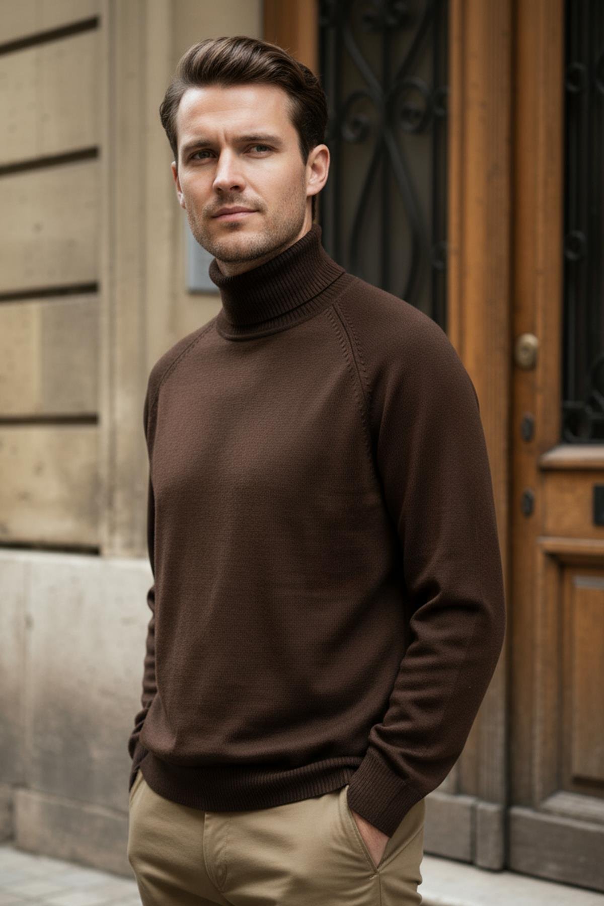 Chuba Erkek Balıkçı Yaka Standart Fit İtalyan Reglan Triko Kazak Kahverengi 26W2013