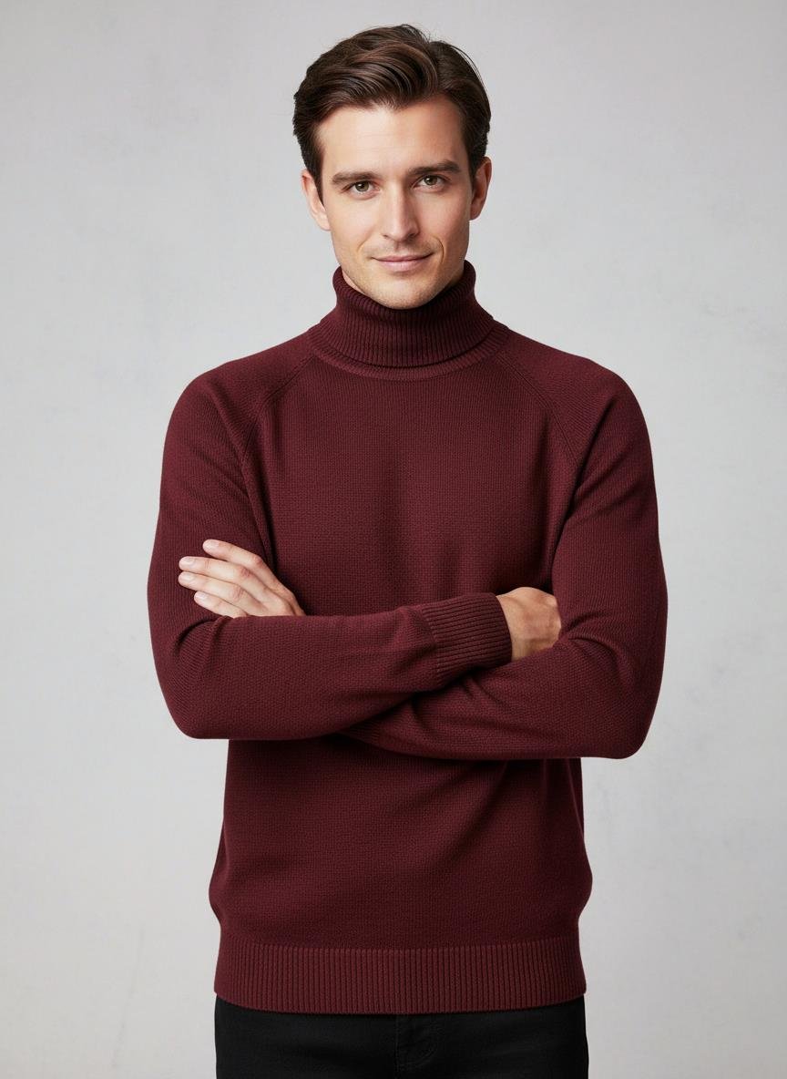 Chuba Erkek Balıkçı Yaka Standart Fit İtalyan Reglan Triko Kazak Bordo 26W2013