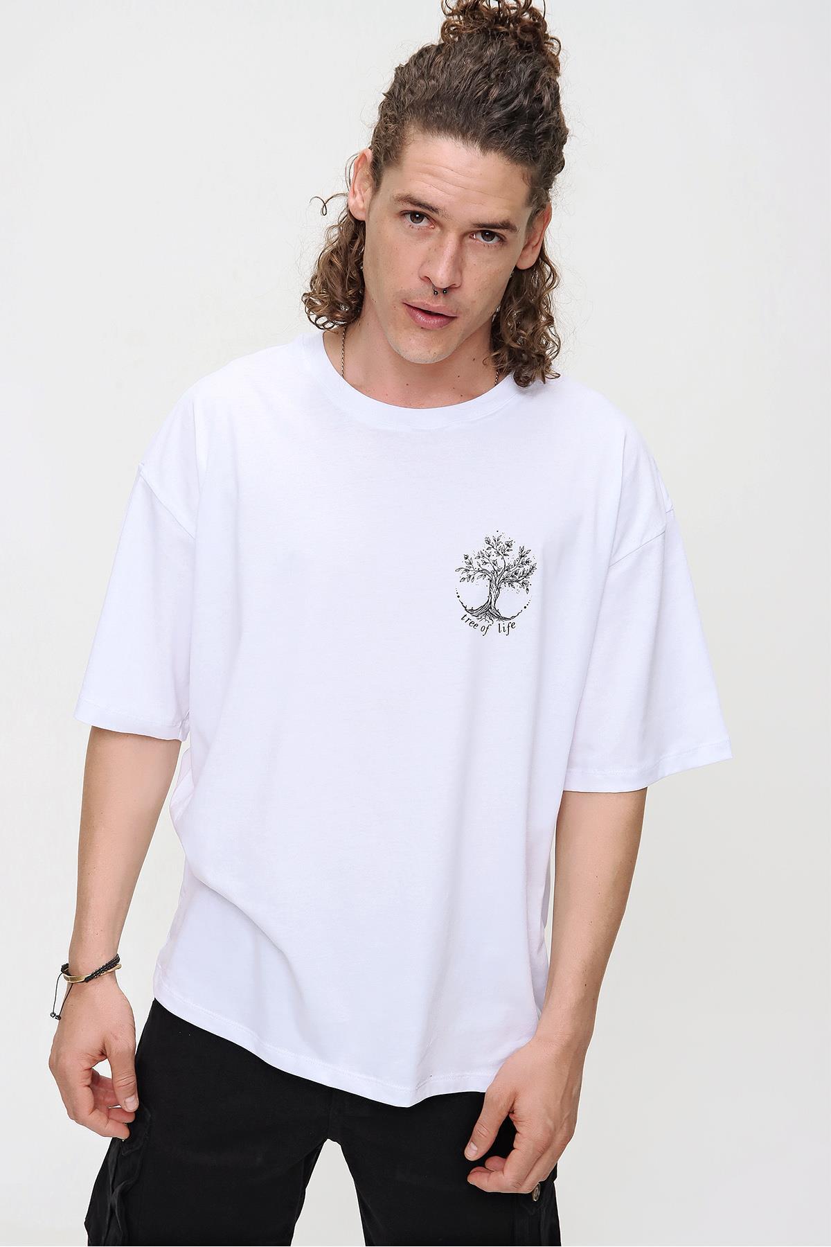 Chuba Erkek Beyaz Bisiklet Yaka Tree Of Life Baskılı Oversize T-Shirt 21S107