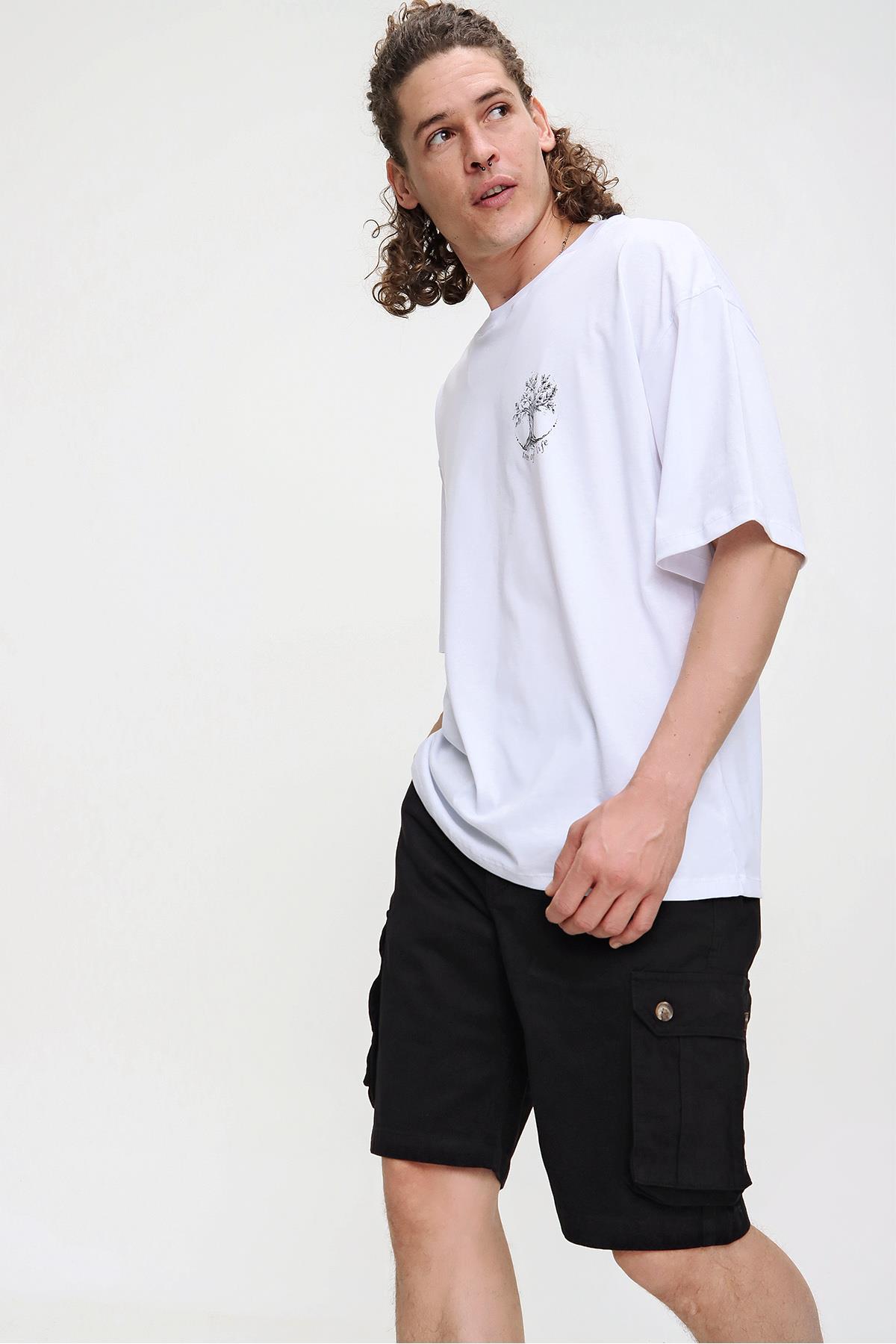 Chuba Erkek Beyaz Bisiklet Yaka Tree Of Life Baskılı Oversize T-Shirt 21S107