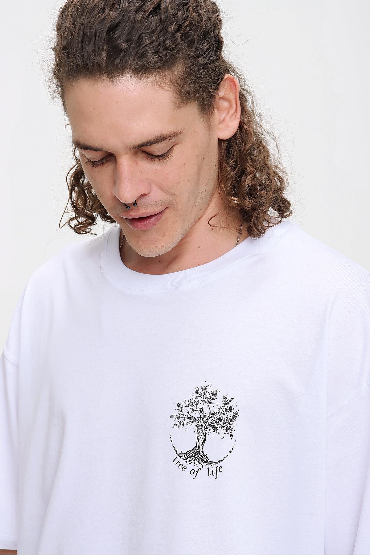 Chuba Erkek Beyaz Bisiklet Yaka Tree Of Life Baskılı Oversize T-Shirt 21S107