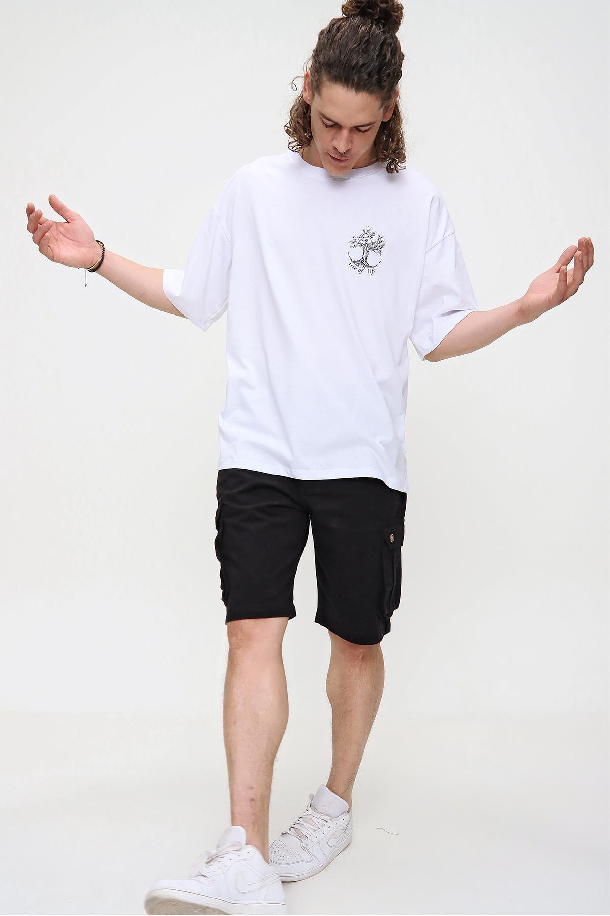 Chuba Erkek Beyaz Bisiklet Yaka Tree Of Life Baskılı Oversize T-Shirt 21S107