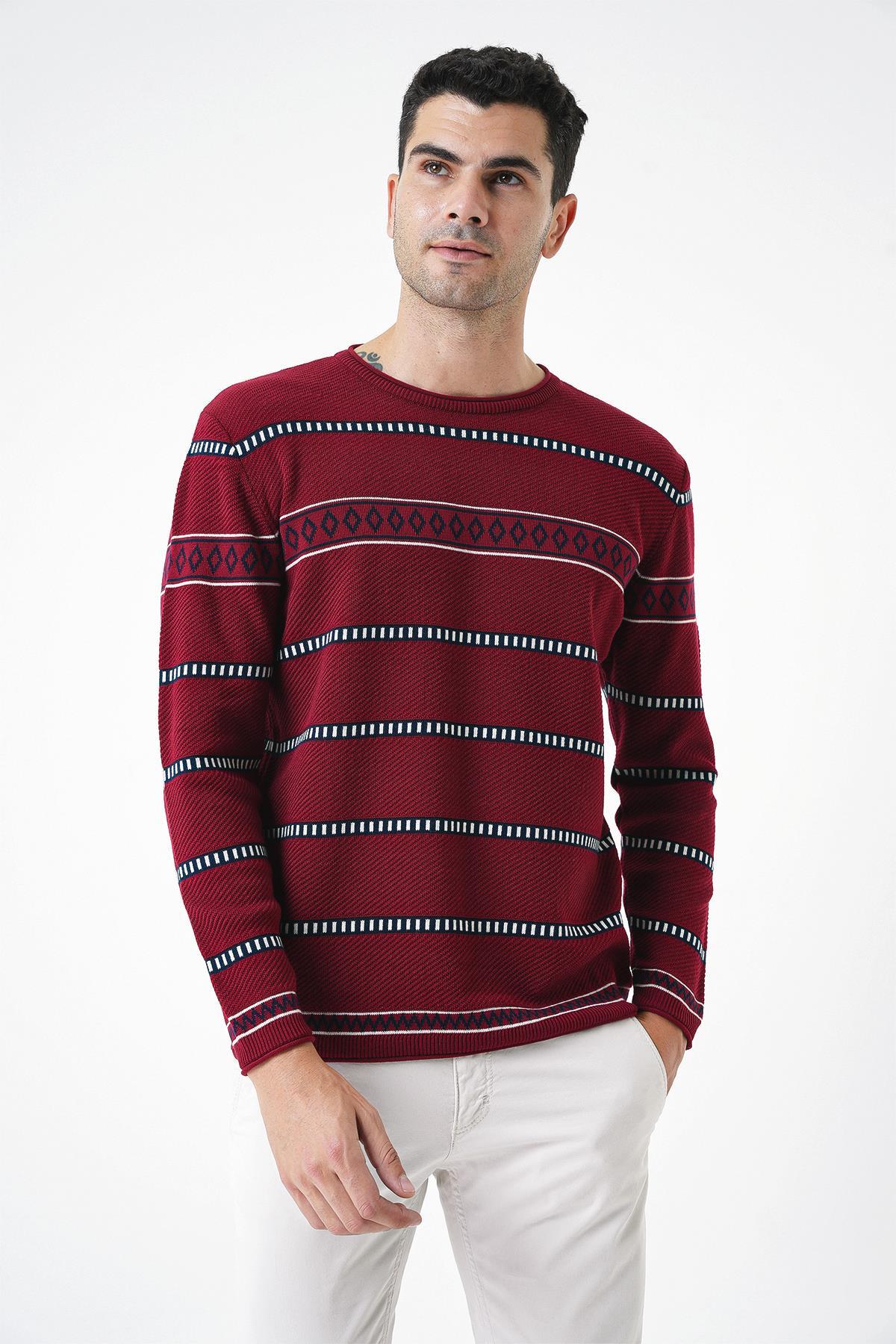 Chuba Erkek Bisiklet Yaka Desenli Standart Fit Normal Kesim Triko Kazak Bordo 25W2004