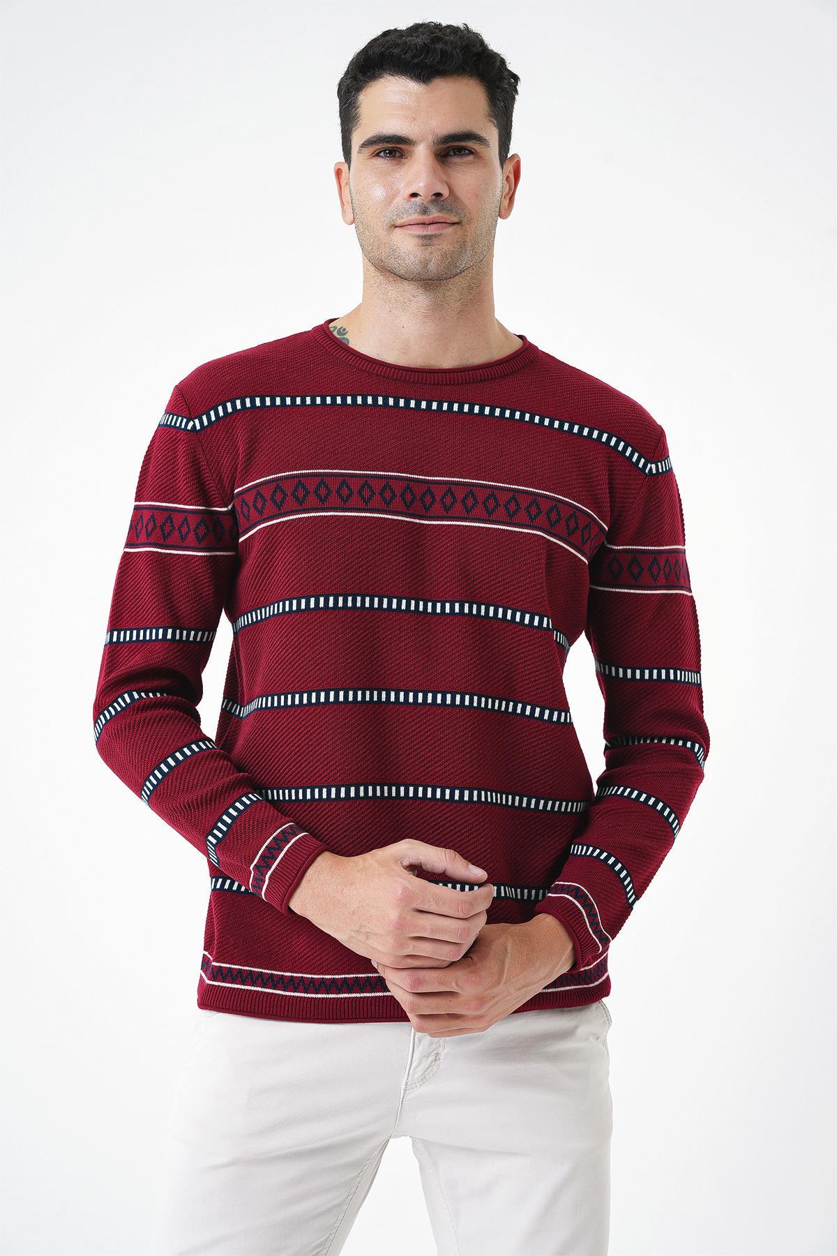 Chuba Erkek Bisiklet Yaka Desenli Standart Fit Normal Kesim Triko Kazak Bordo 25W2004
