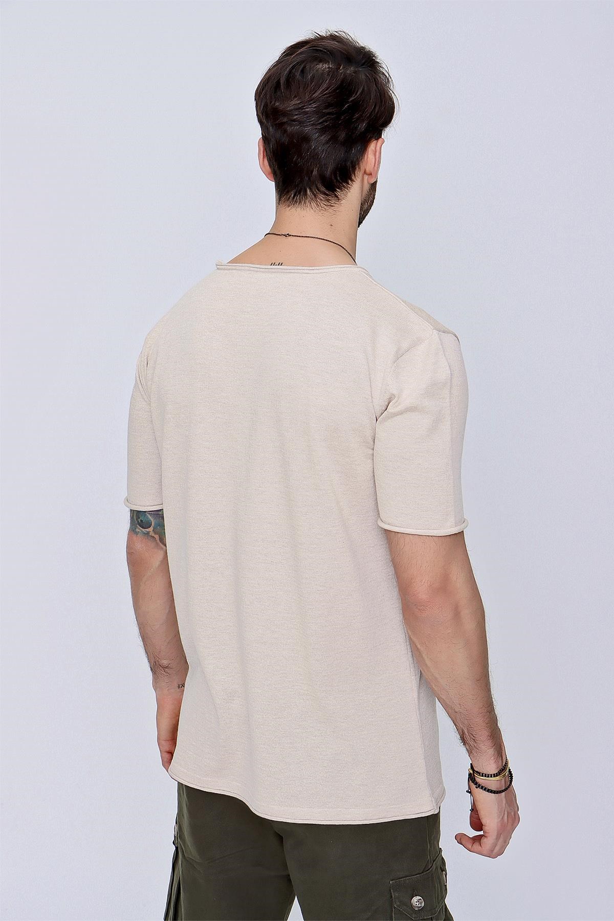 Chuba Erkek Bisiklet Yaka Geniş Kalıp Pamuklu İnce Triko T-Shirt Bej  22SM210