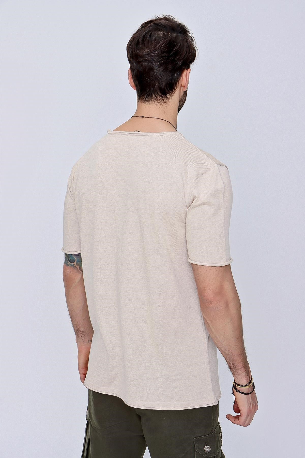 Chuba Erkek Bisiklet Yaka Geniş Kalıp Pamuklu İnce Triko T-Shirt Bej  22SM210