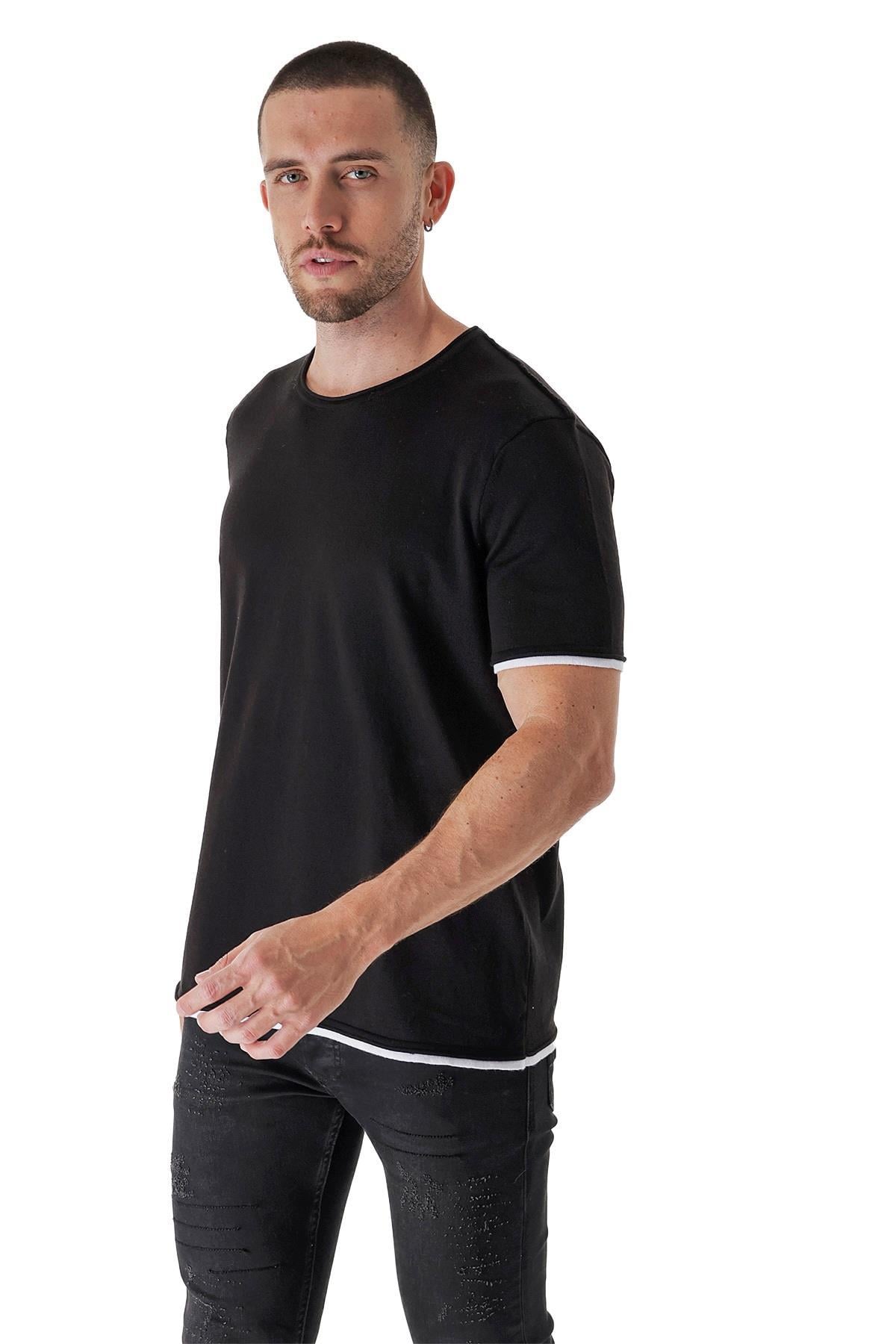 Chuba Erkek Bisiklet Yaka Kombin Detaylı Pamuklu İnce Triko T-Shirt Siyah 23S2005