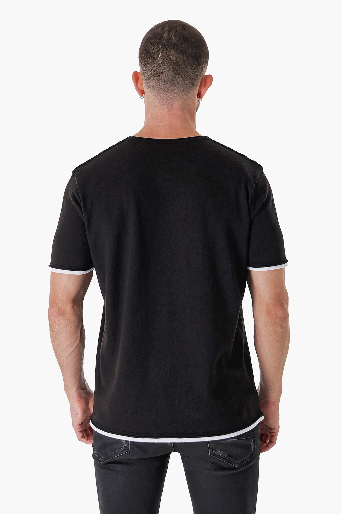 Chuba Erkek Bisiklet Yaka Kombin Detaylı Pamuklu İnce Triko T-Shirt Siyah 23S2005