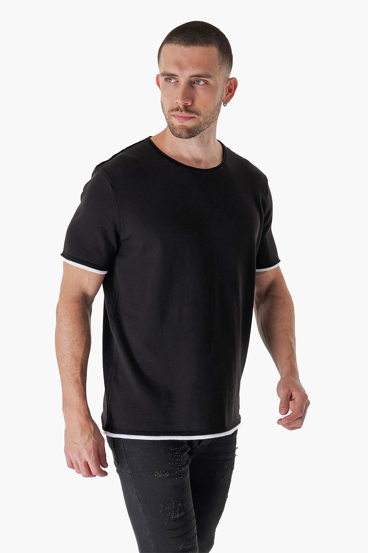 Chuba Erkek Bisiklet Yaka Kombin Detaylı Pamuklu İnce Triko T-Shirt Siyah 23S2005