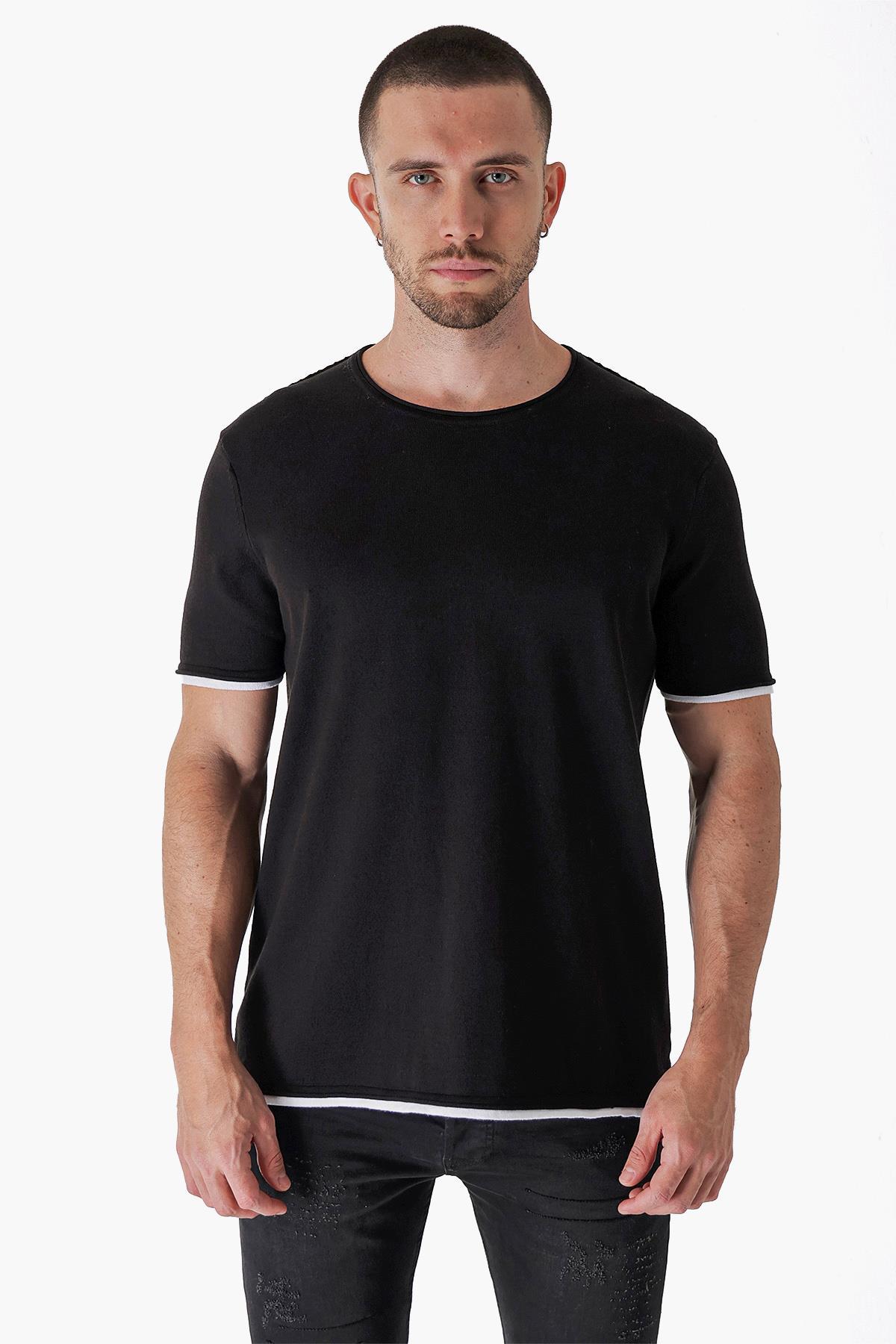 Chuba Erkek Bisiklet Yaka Kombin Detaylı Pamuklu İnce Triko T-Shirt Siyah 23S2005