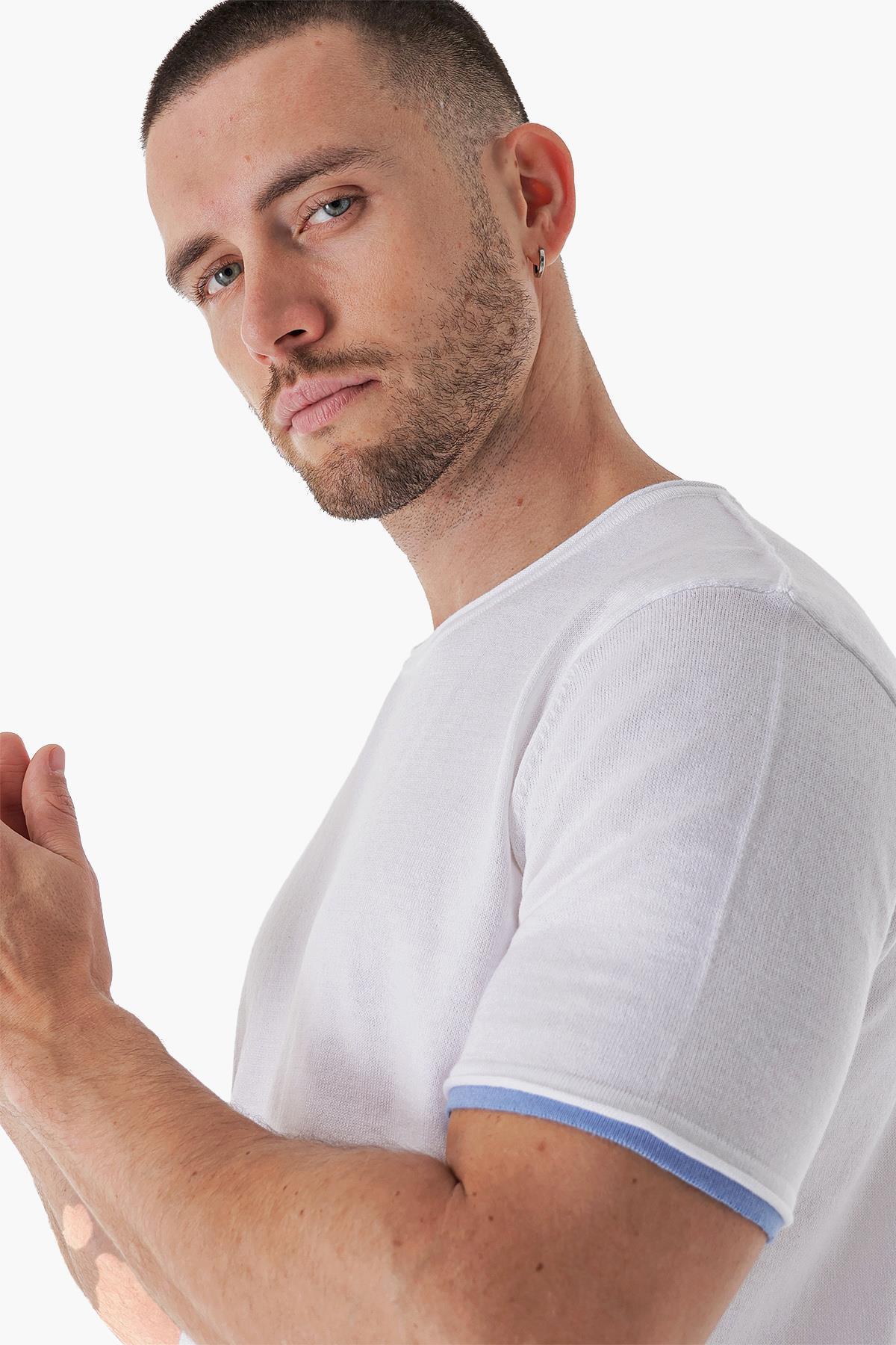Chuba Erkek Bisiklet Yaka Kombin Detaylı Pamuklu İnce Triko T-Shirt Beyaz 23S2005