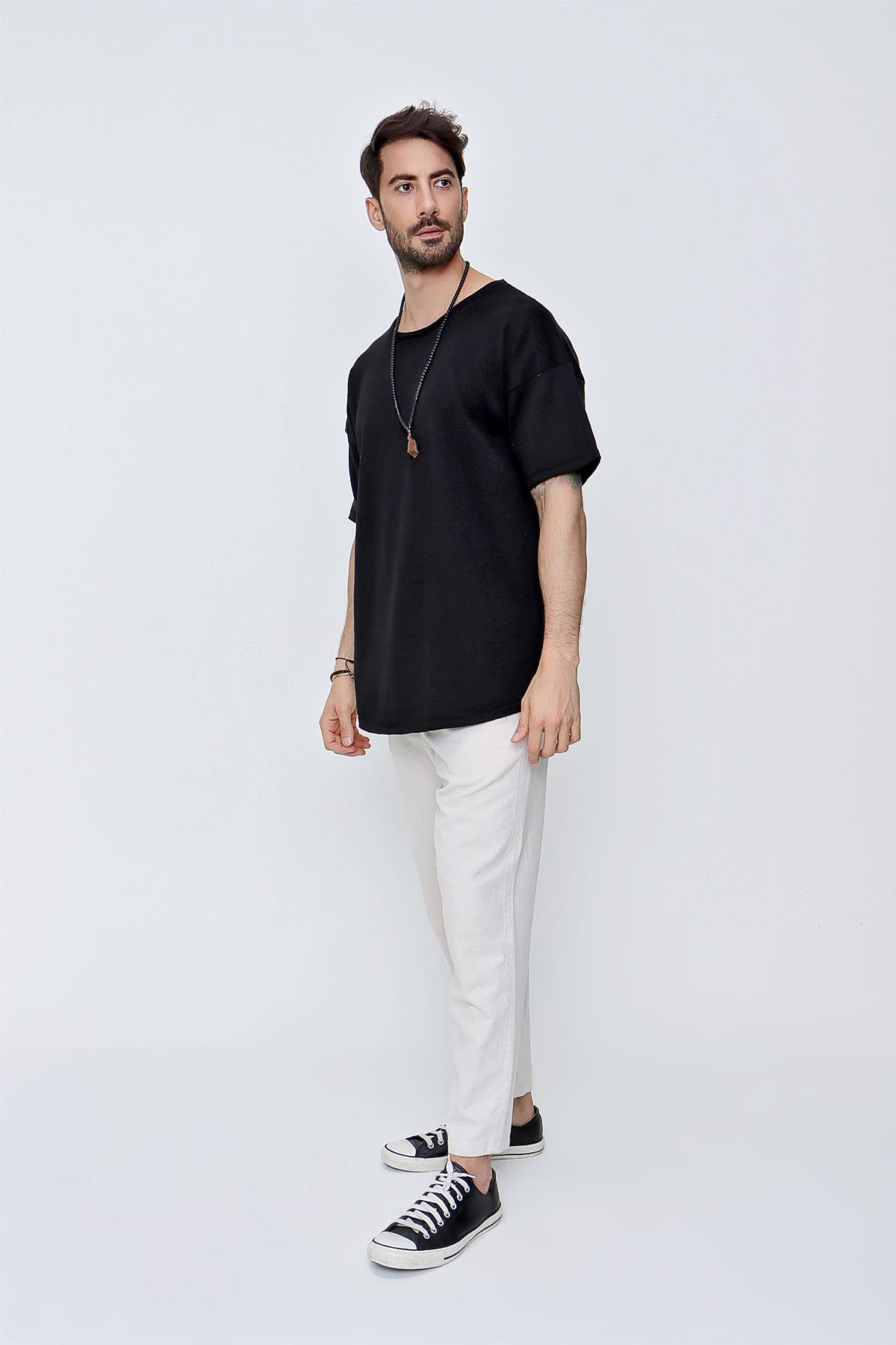Chuba Erkek Bisiklet Yaka Oversize Fit Pamuklu İnce Triko T-Shirt Siyah  22SM205