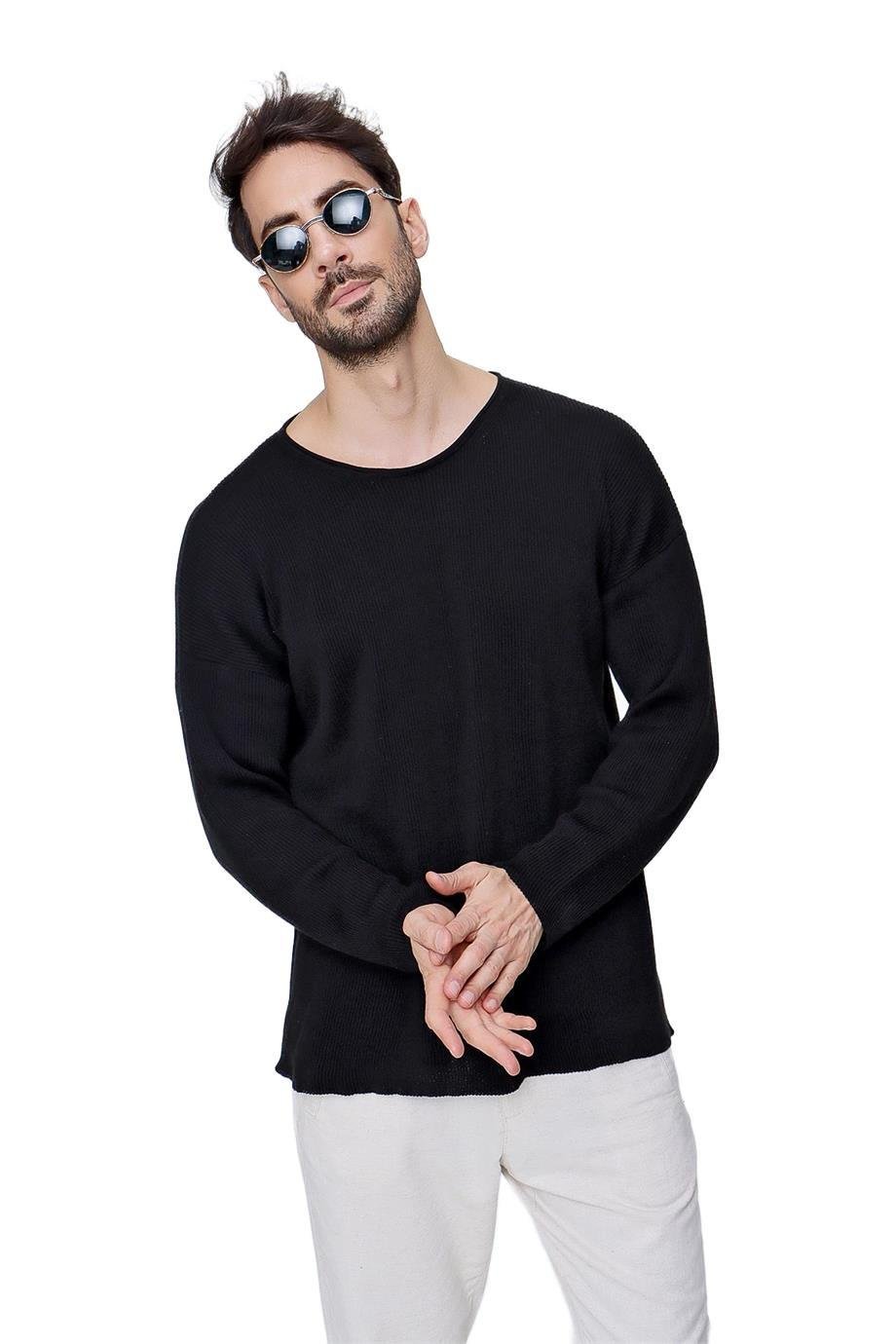 Chuba Erkek Bisiklet Yaka Pamuklu Salaş Triko Kazak Siyah  22SM213