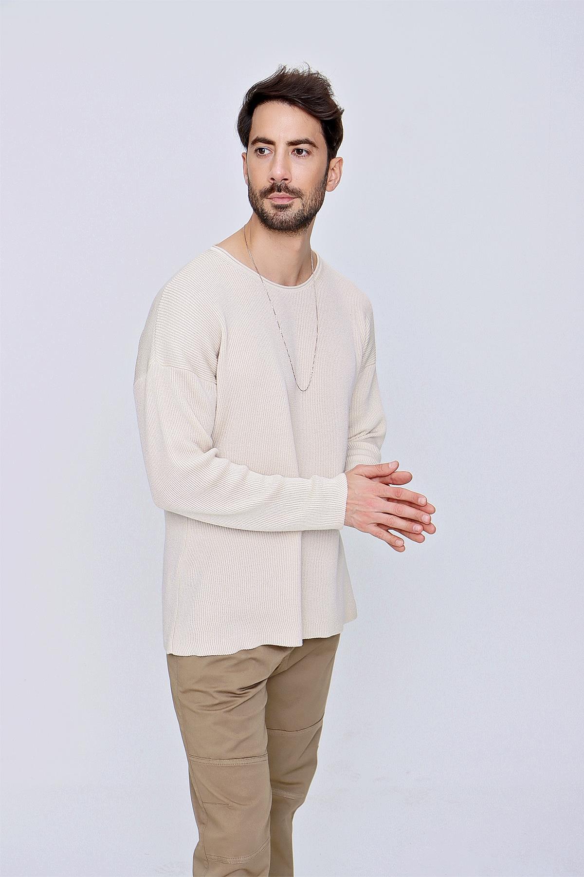 Chuba Erkek Bisiklet Yaka Pamuklu Salaş Triko Kazak Bej  22SM213