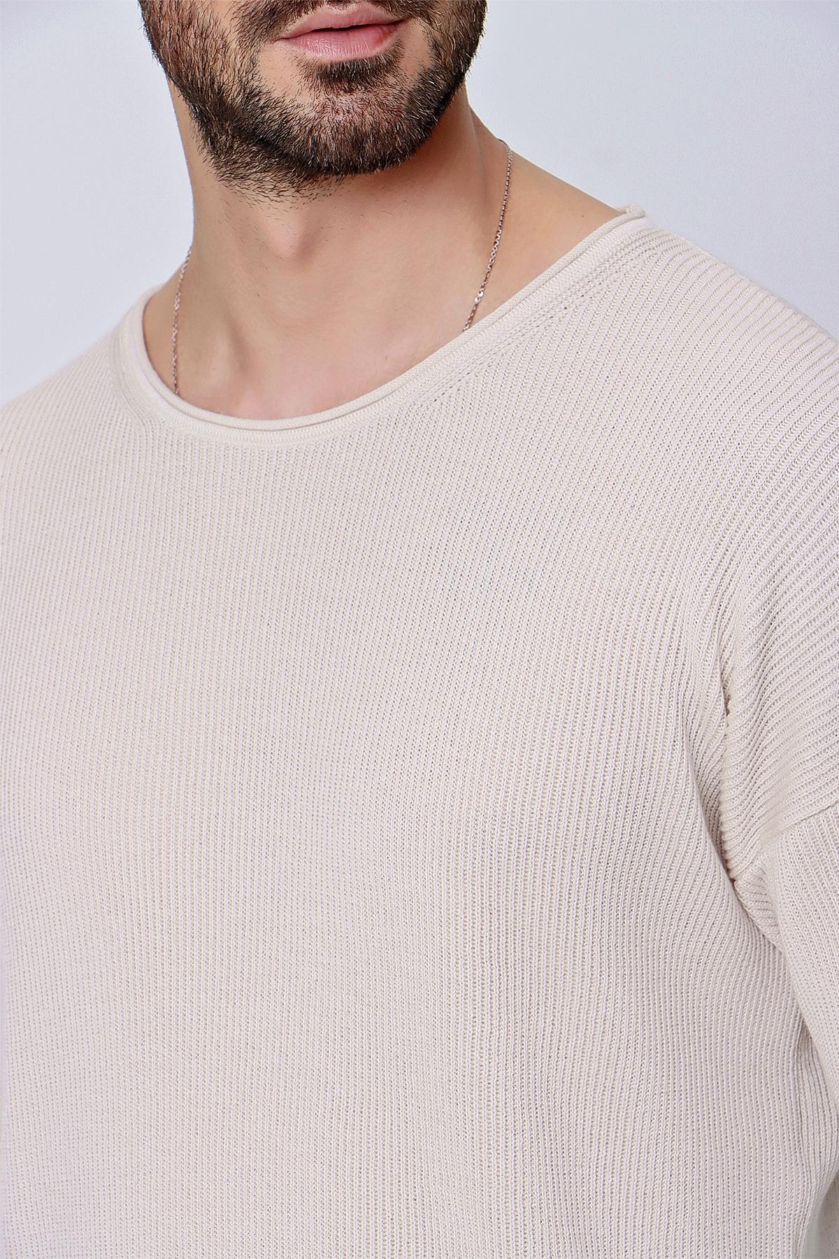 Chuba Erkek Bisiklet Yaka Pamuklu Salaş Triko Kazak Bej  22SM213