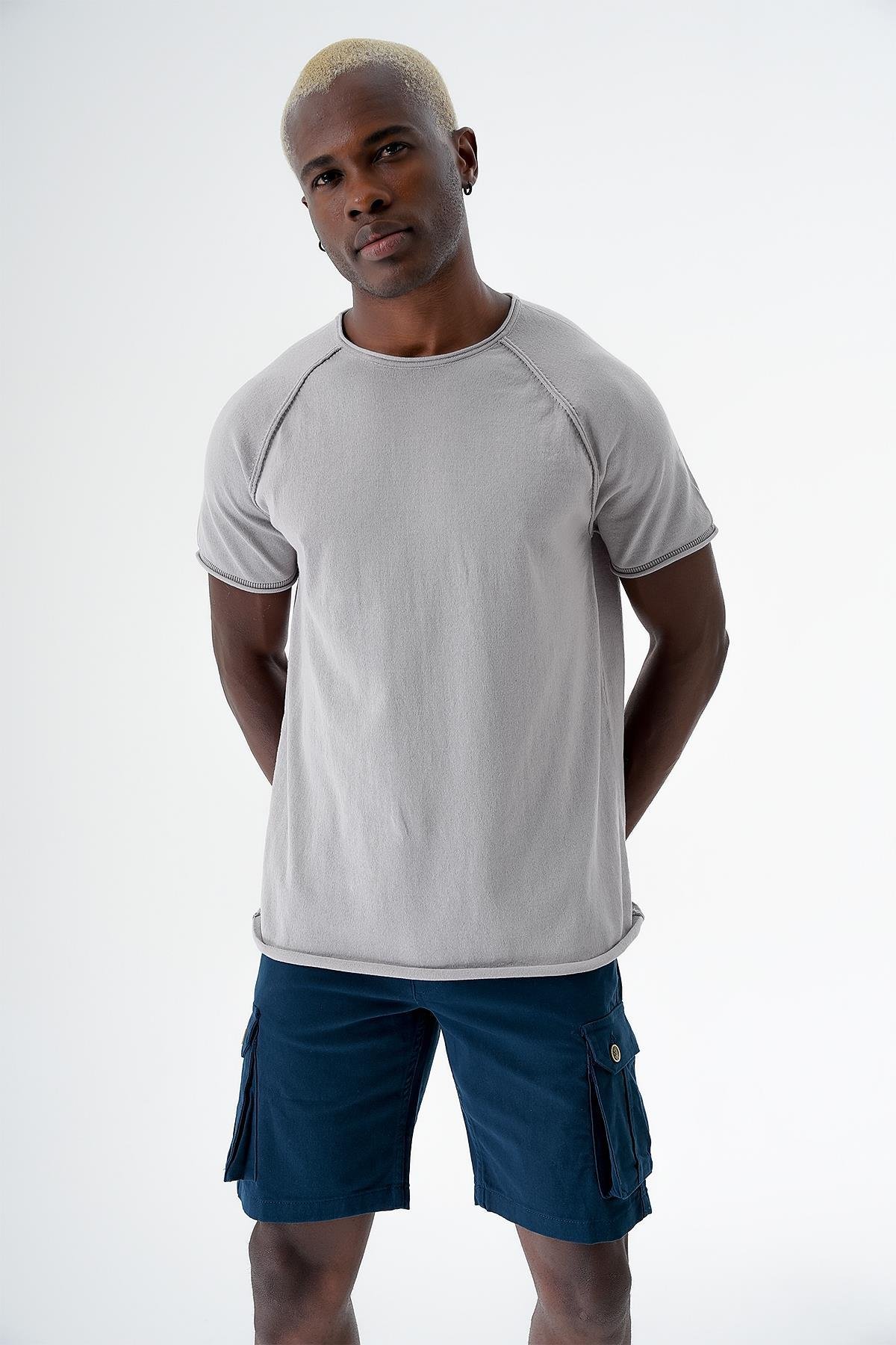 Chuba Erkek Bisiklet Yaka Spor Kesim Kısa Kollu İnce Triko T-Shirt Gri 24S268