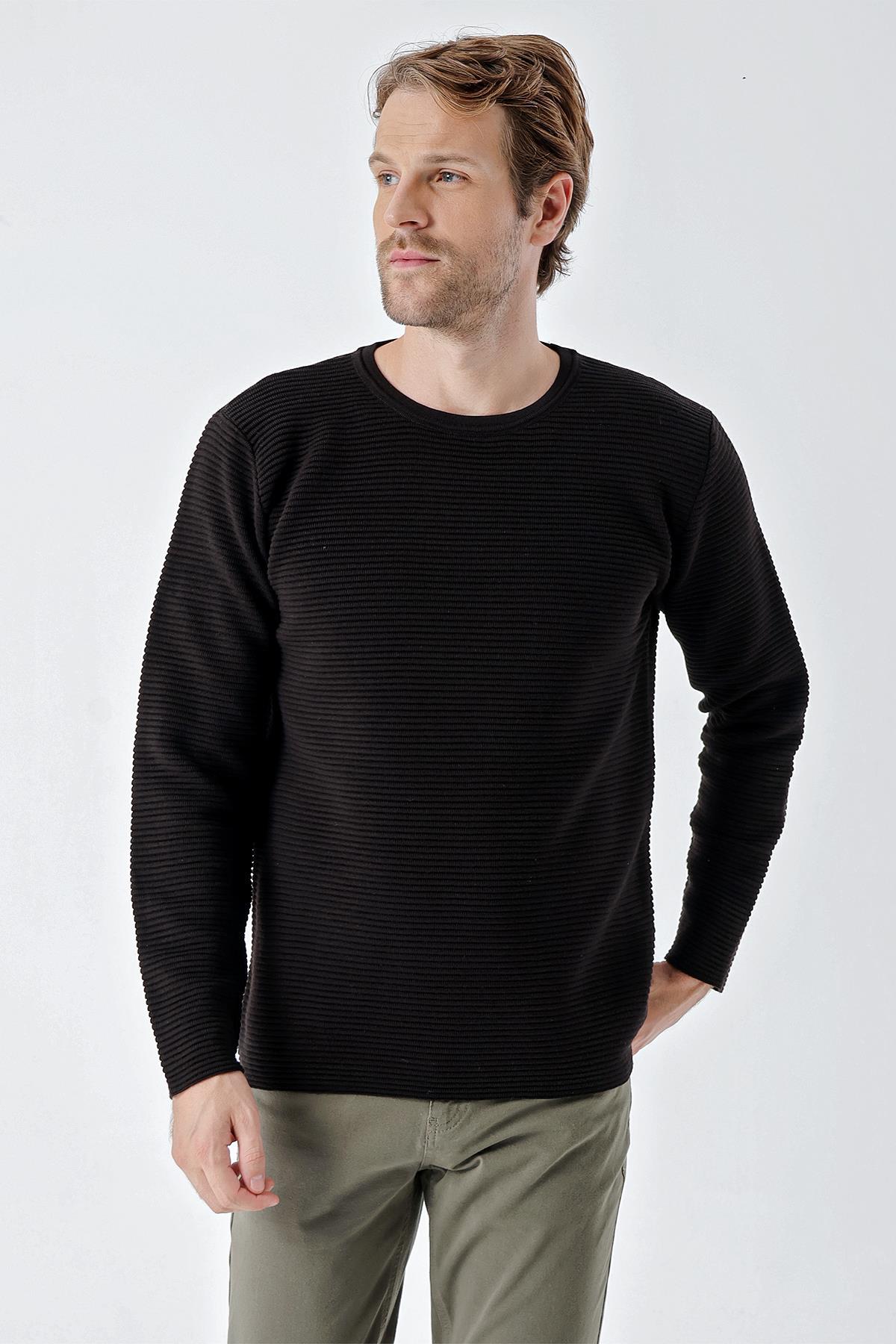 Chuba Erkek Bisiklet Yaka Standart Fit Dokulu Casual Triko Kazak Siyah 24W201