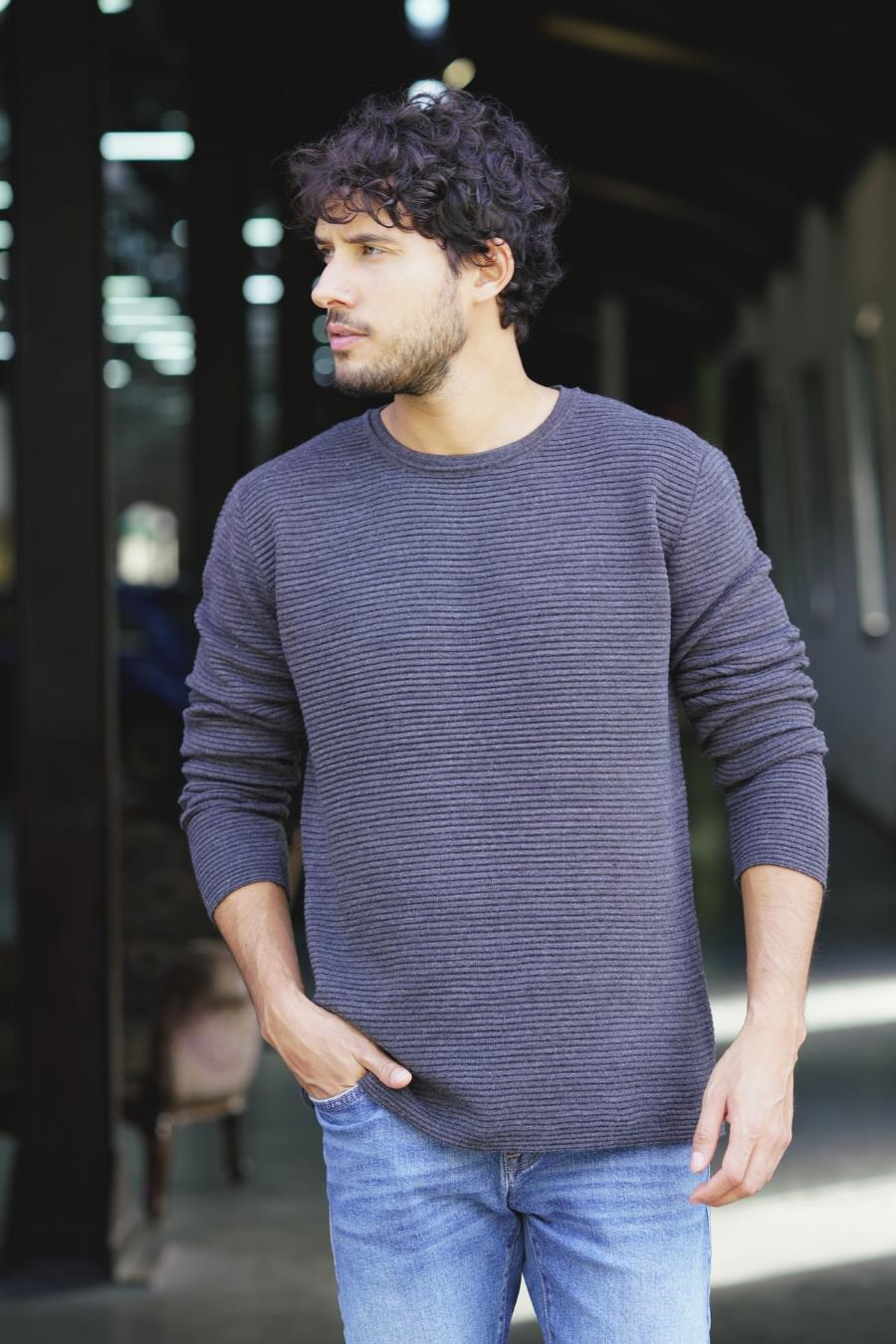 Chuba Erkek Bisiklet Yaka Standart Fit Dokulu Casual Triko Kazak Antrasit 24W201