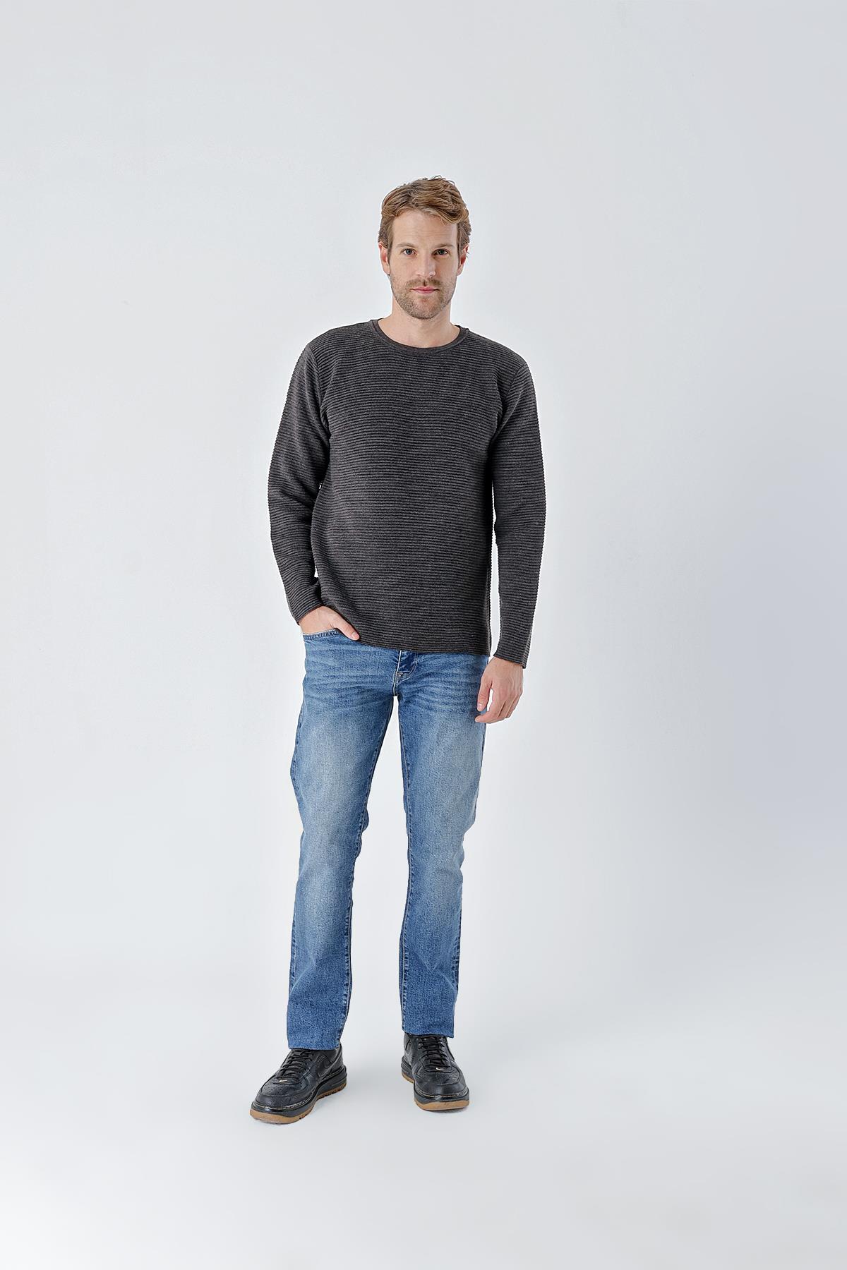 Chuba Erkek Bisiklet Yaka Standart Fit Dokulu Casual Triko Kazak Antrasit 24W201