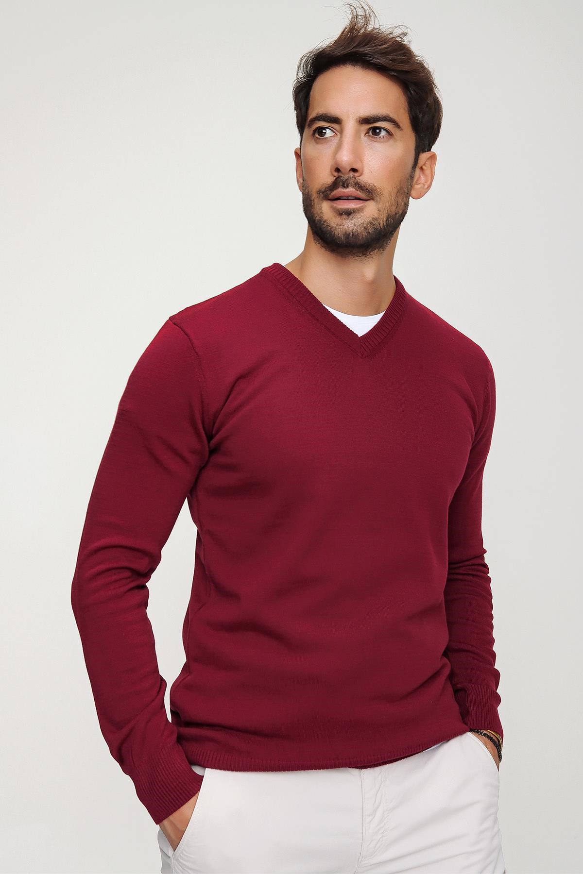 Chuba Erkek Bordo V Yaka Triko Kazak 20W151