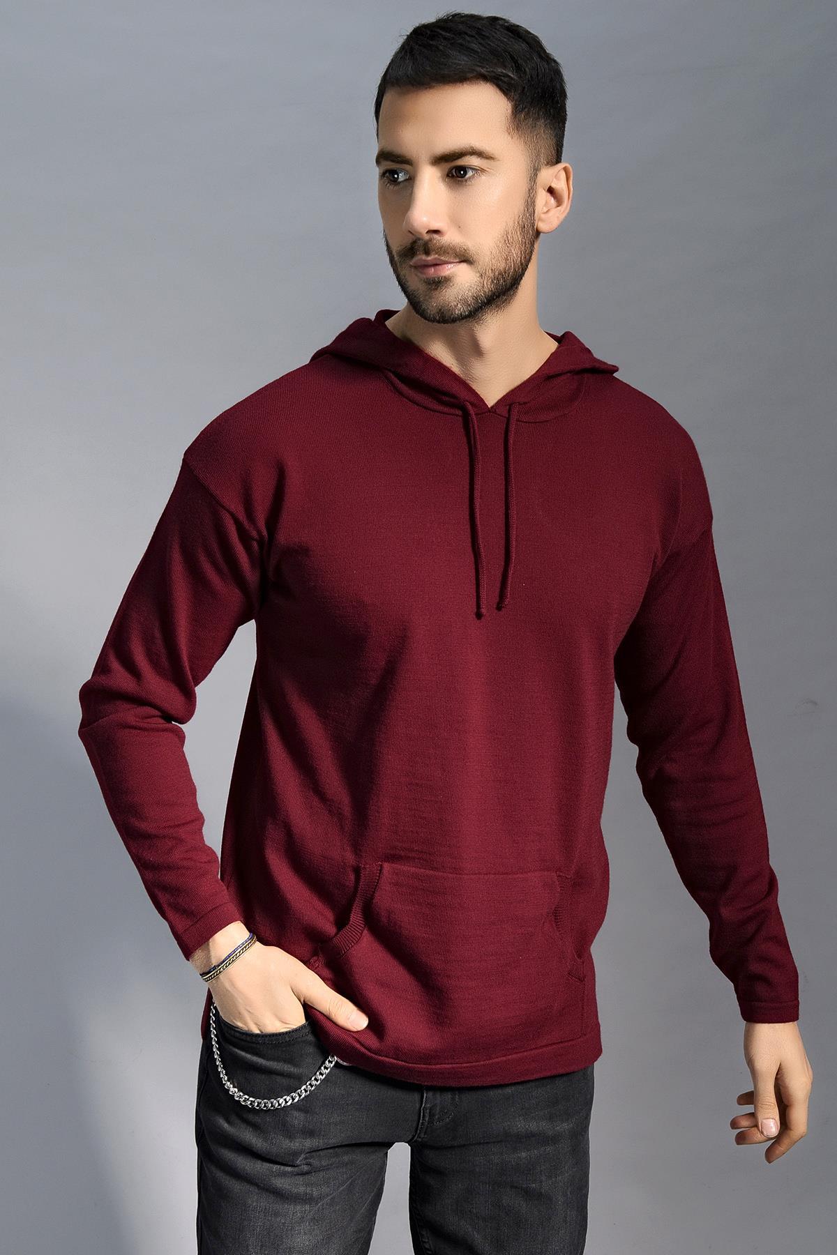 Chuba Erkek Kapüşonlu Cepli Triko Kazak Bordo 20W190