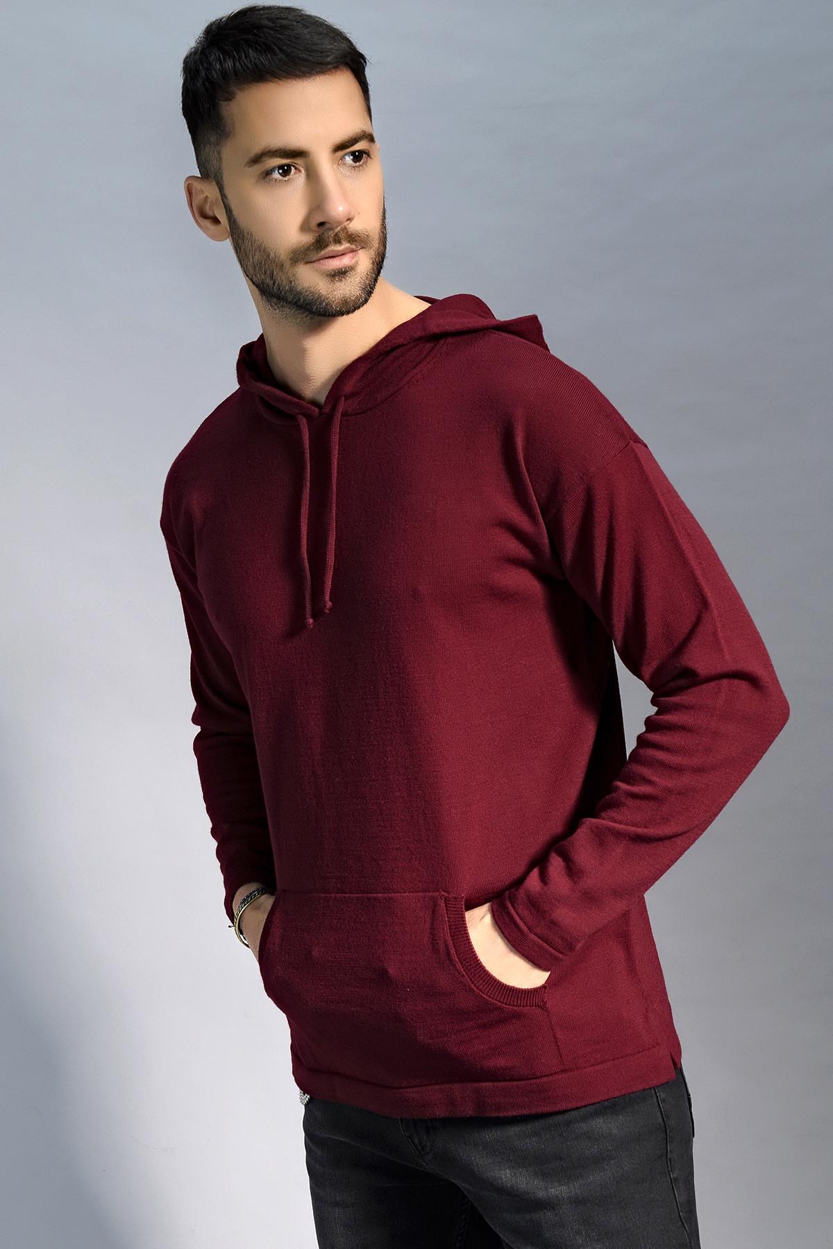 Chuba Erkek Kapüşonlu Cepli Triko Kazak Bordo 20W190