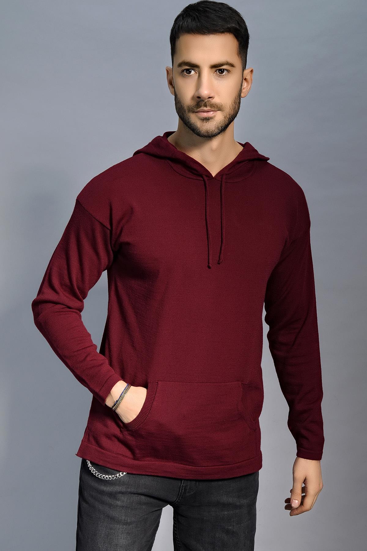 Chuba Erkek Kapüşonlu Cepli Triko Kazak Bordo 20W190