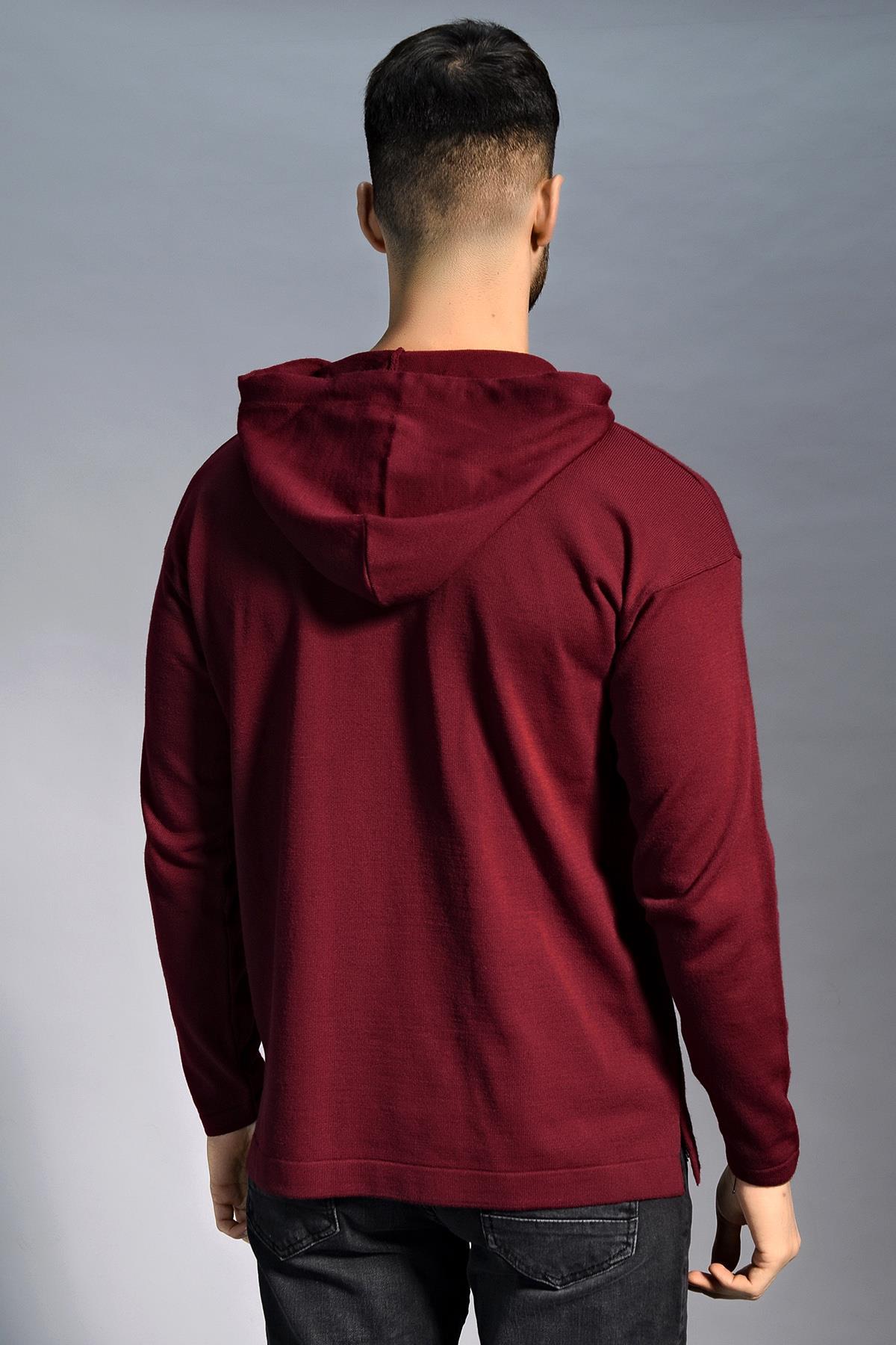 Chuba Erkek Kapüşonlu Cepli Triko Kazak Bordo 20W190