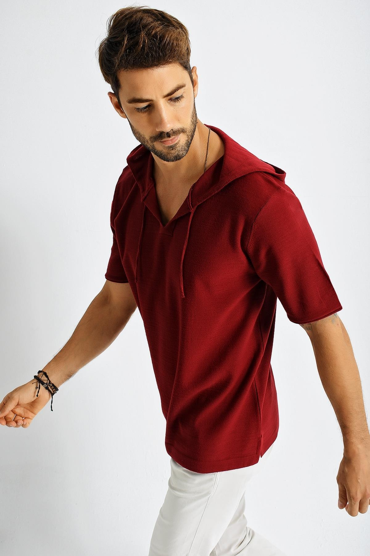 Chuba Erkek Kapüşonlu Kısa Kollu Oversize Triko Kazak 21W302