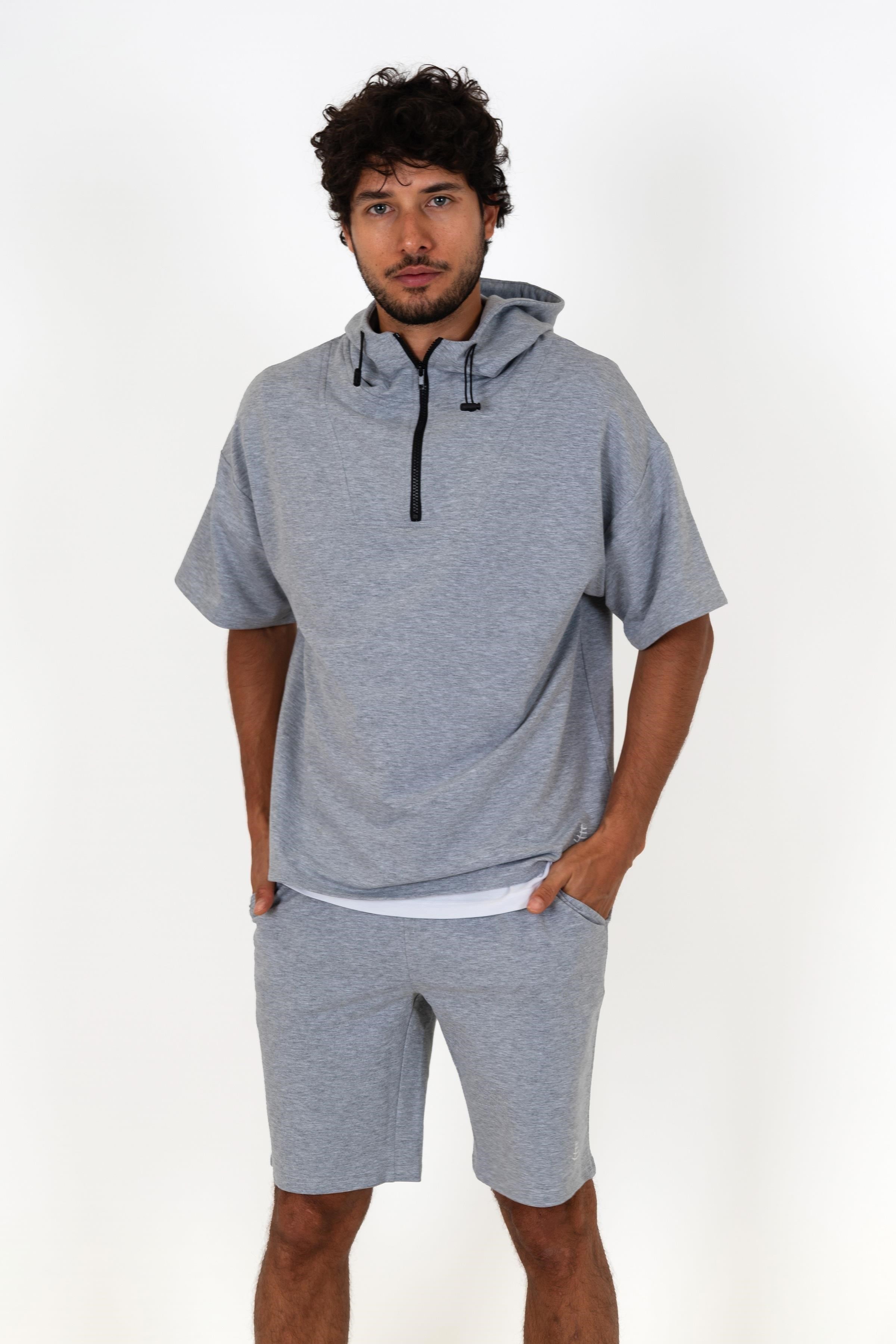 Chuba Erkek Kapüşonlu Yarım Fermuarlı Kısa Kollu Rahat Kalıp Spor Sweatshirt Gri 23S2024